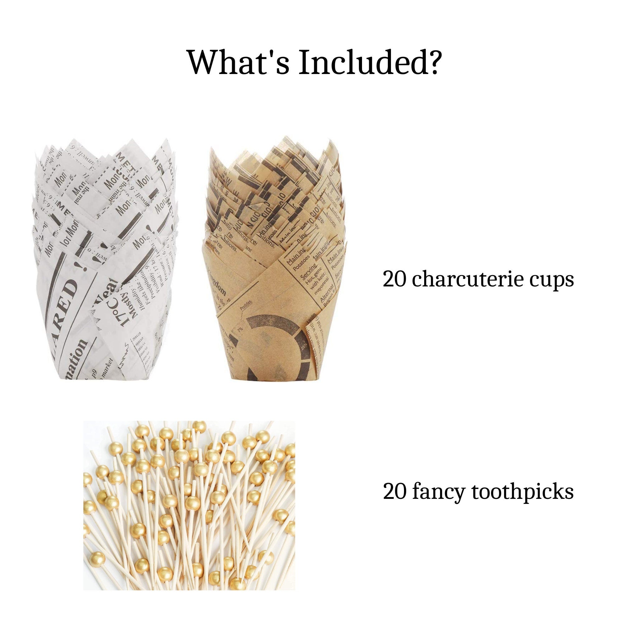 Fancy toothpicks paired with newspaper charcuterie cups displaying elegant appetizer presentation style