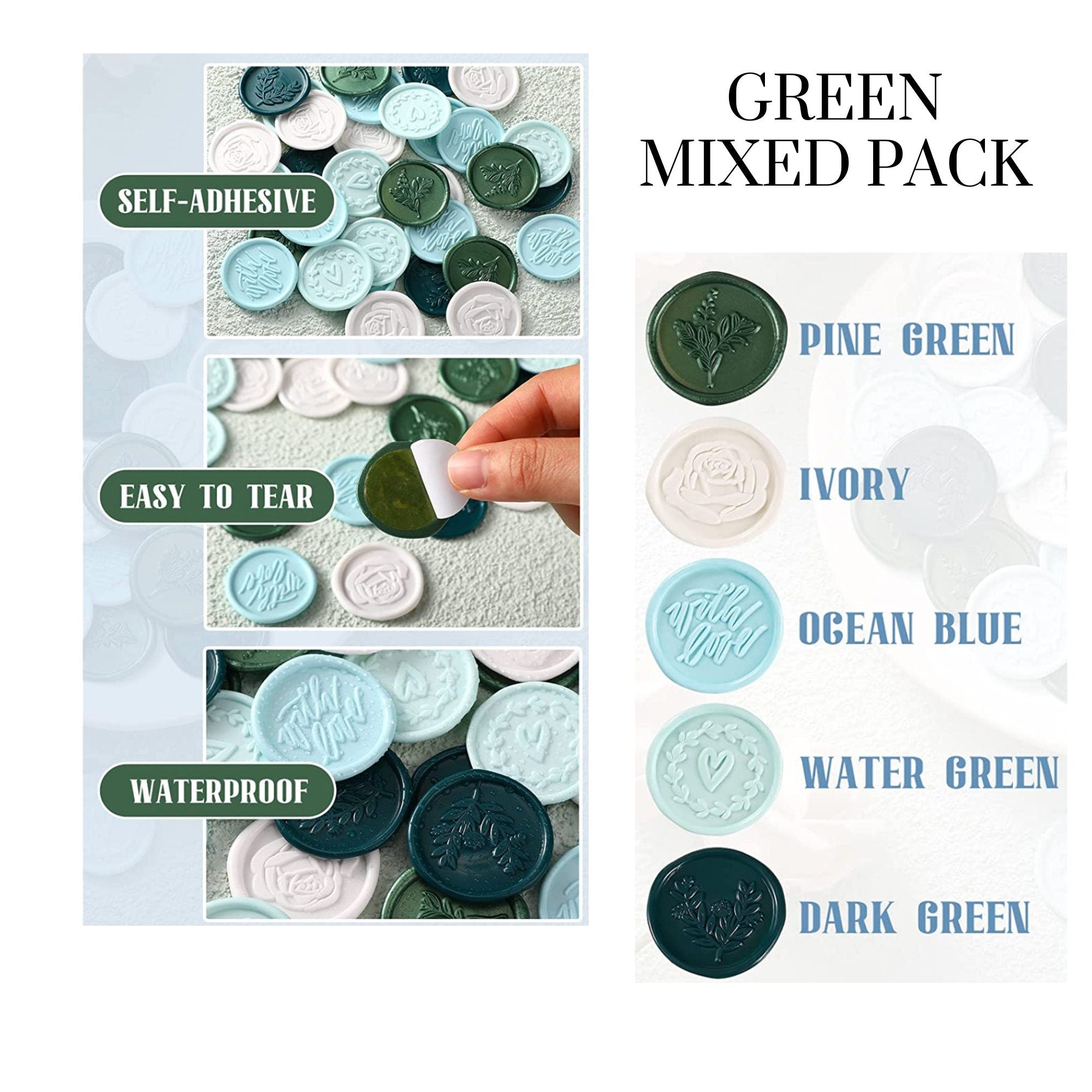 Graphic card showing wax seal stickers being peeled with notes “self-adhesive, easy to tear, waterproof” in green mix colors.