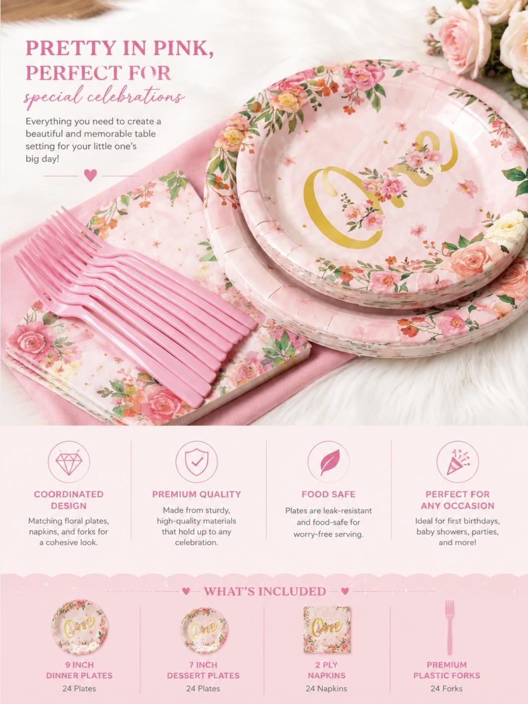 Pink and Gold Baby Girl 1st Birthday Party 24 Set - Complete First Birthday Party Decor - Pretty Party Boxx