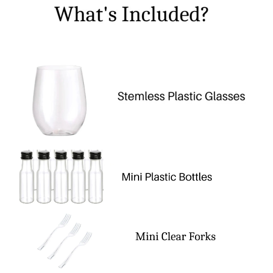Complete set showing acrylic cups, mini dressing bottles, and forks for appetizers.