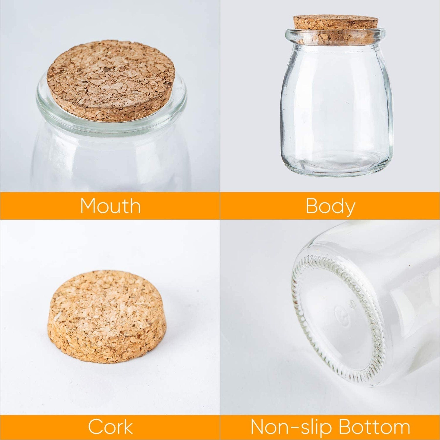 Close-up collage showing jar mouth, cork stopper, glass body and non-slip bottom