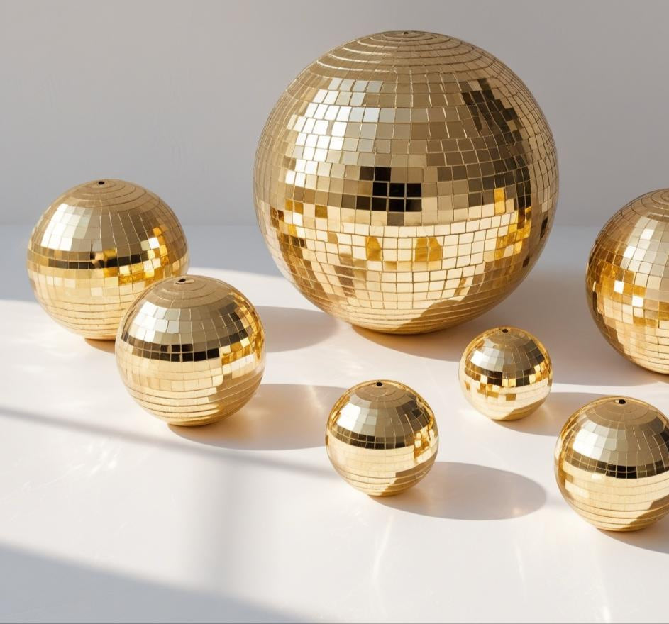 Set of gold disco balls in various sizes including 4-inch, 3.15-inch, and 2-inch. Perfect for disco party decorations, gold disco mirror ball centerpieces, and retro-themed events.