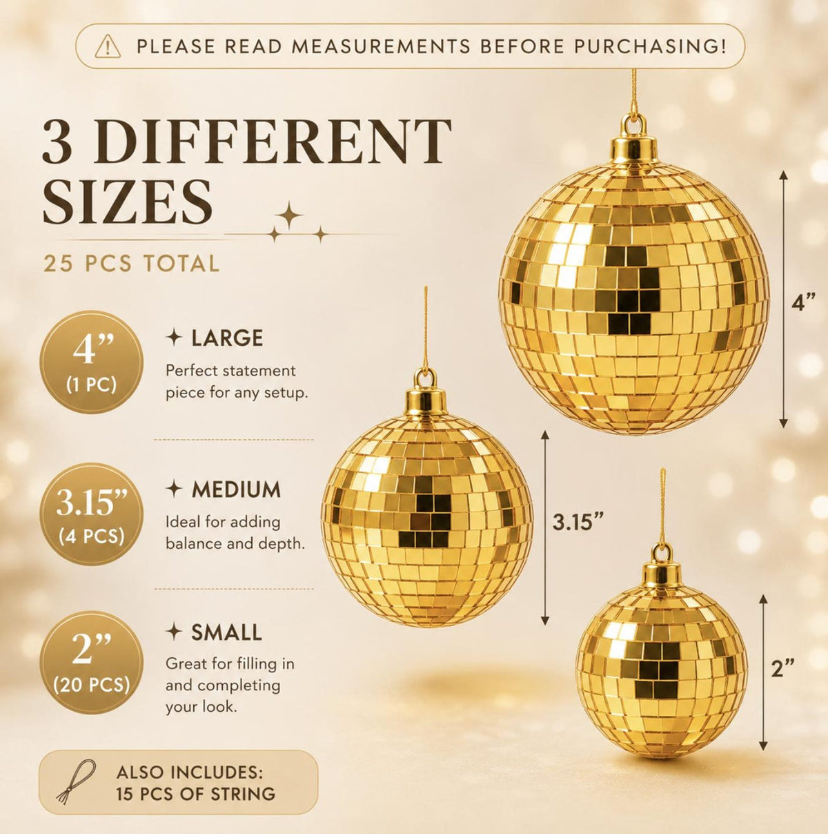 25 - Pack Gold Disco Mirror Balls - Assorted Sizes Party Decoration - Pretty Party Boxx