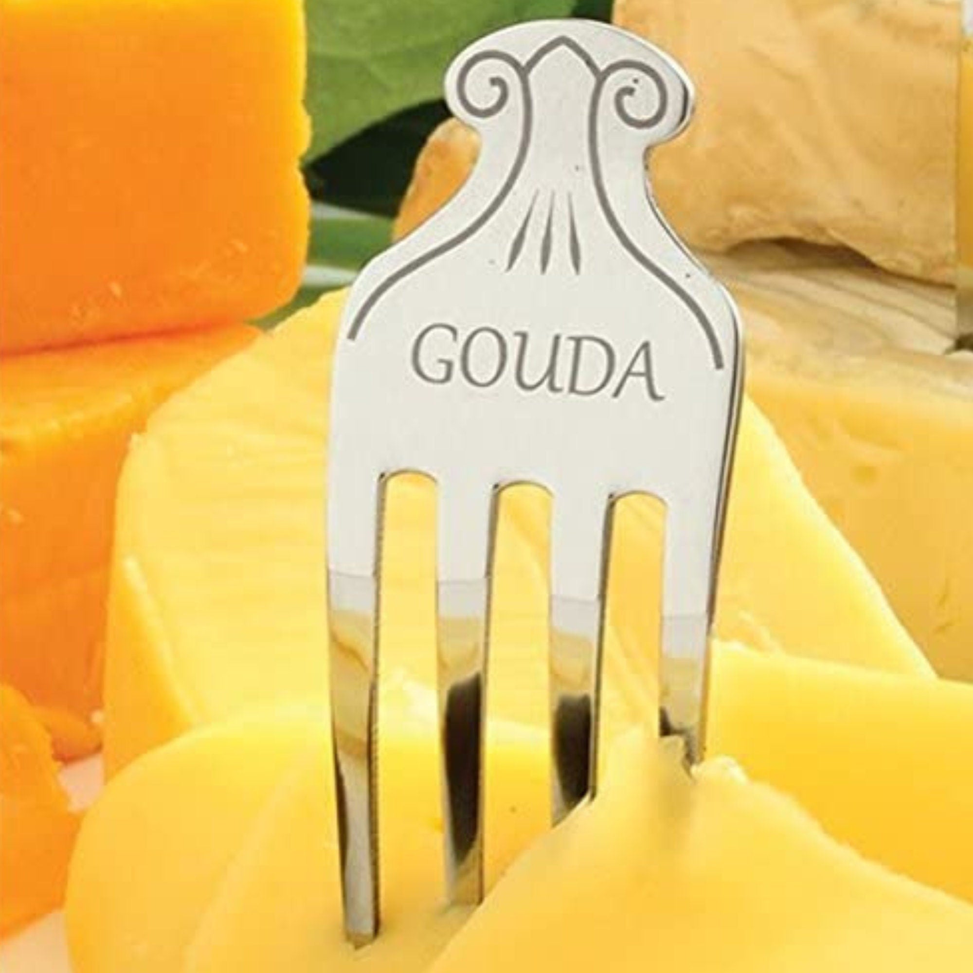 GOUDA stainless steel cheese fork marker in gouda slices