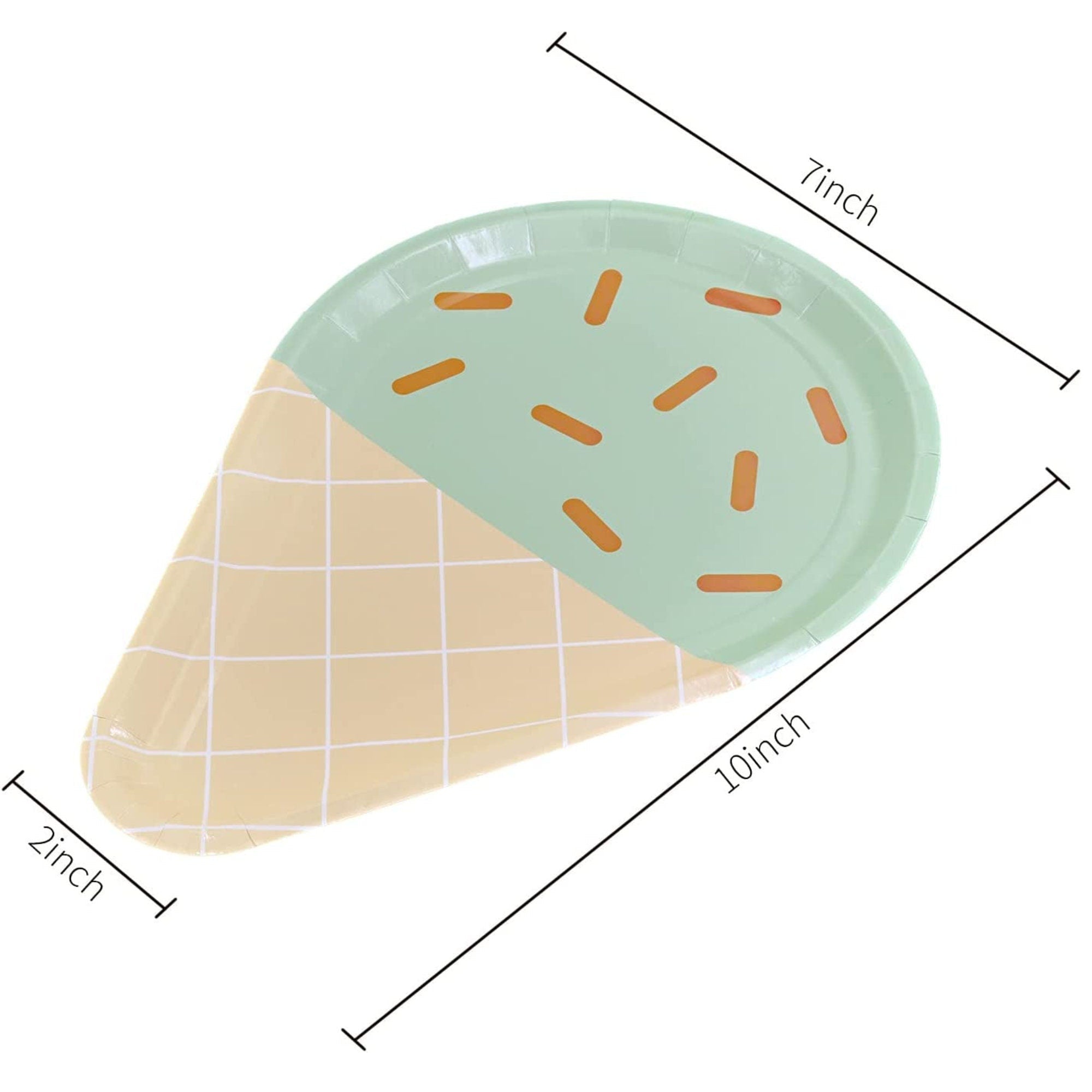 Green pastel ice cream cone paper plate with sprinkles design and size dimensions