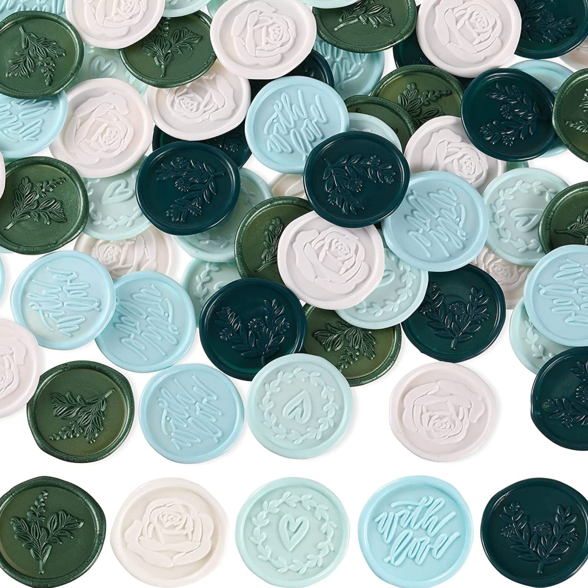 Adhesive wax seal stickers in green palette—pine green, ocean blue, water green, dark green and ivory.