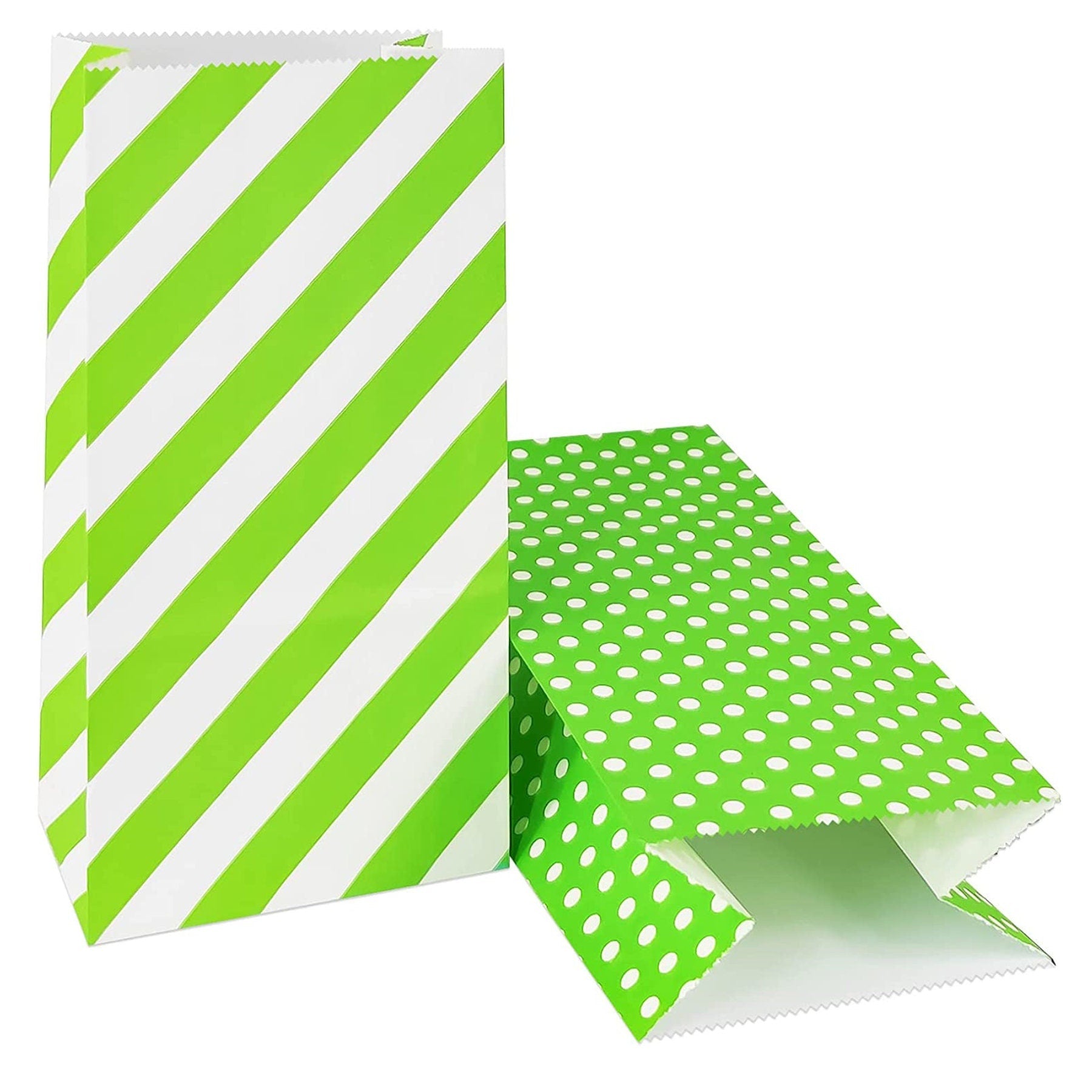 Green striped paper bag paired with green polka dot treat bag