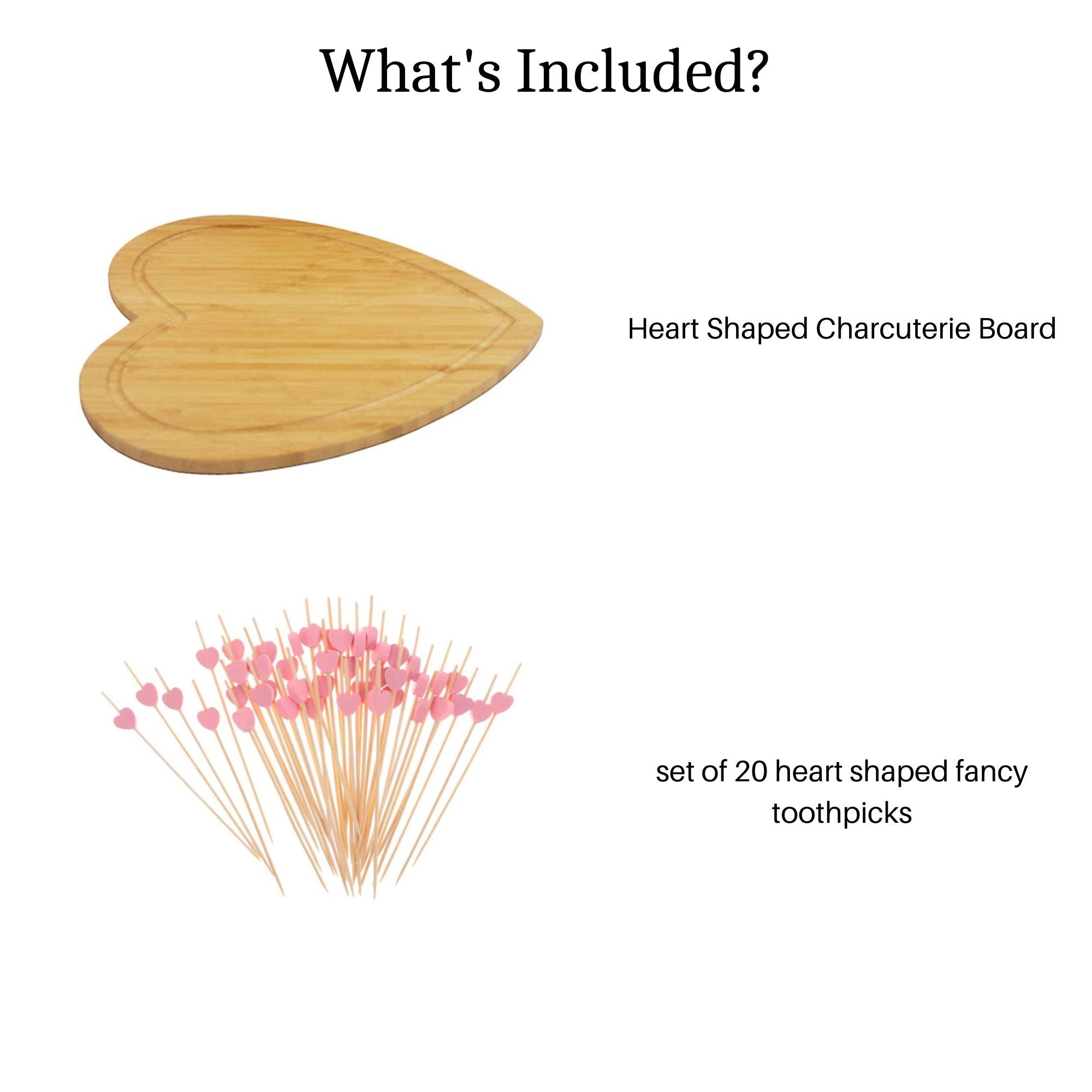 Charcuterie board set includes one bamboo heart-shaped board and 20 fancy toothpicks