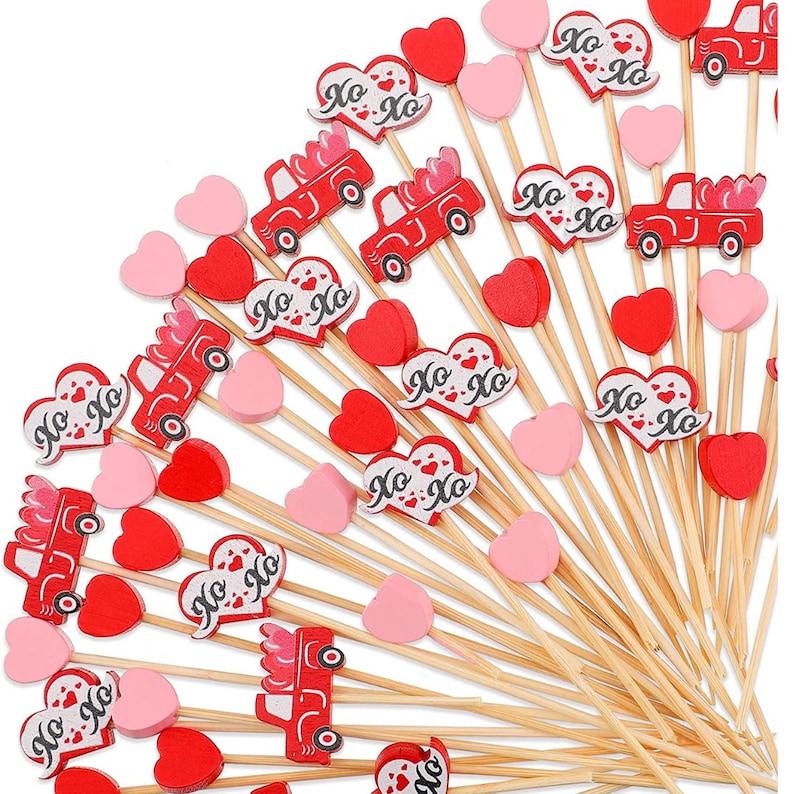 Set of 20 Valentine’s Day bamboo fancy toothpicks with hearts, XO, and red truck designs for appetizers and charcuterie