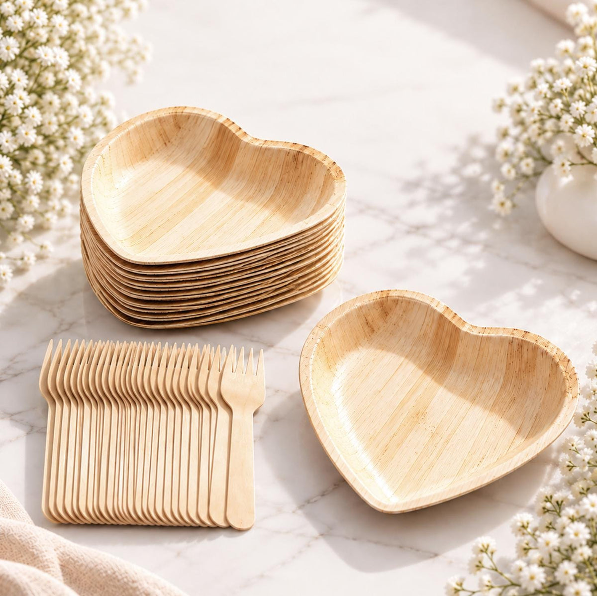 Heart Shaped Bamboo Plates with Pink Heart Toothpicks – Eco - Friendly Charcuterie Set of 25 - Pretty Party Boxx