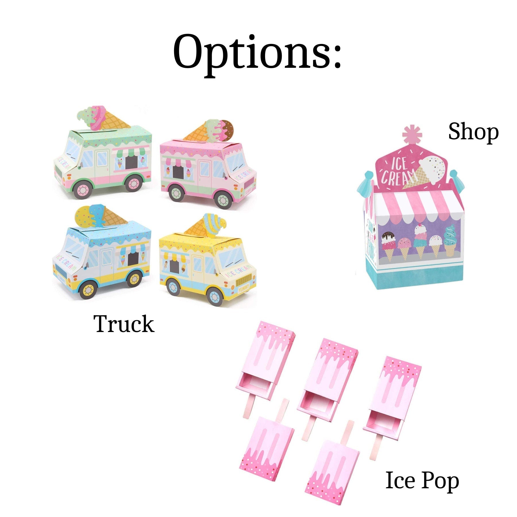 Image showing ice cream favor box options including truck, shop, and ice pop designs.