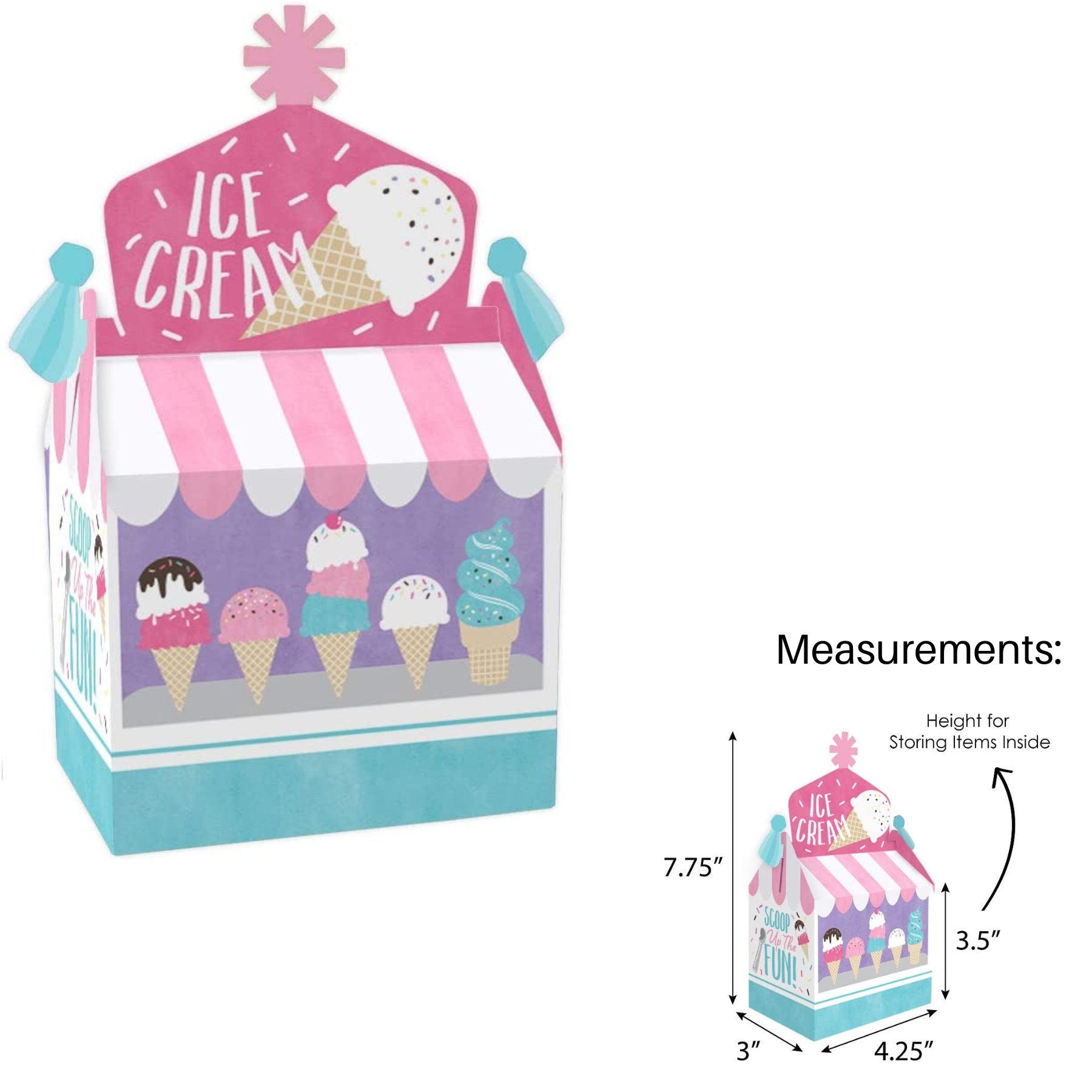 Measurement of popsicle-shaped pastel pink party favor boxes for ice cream-themed parties.