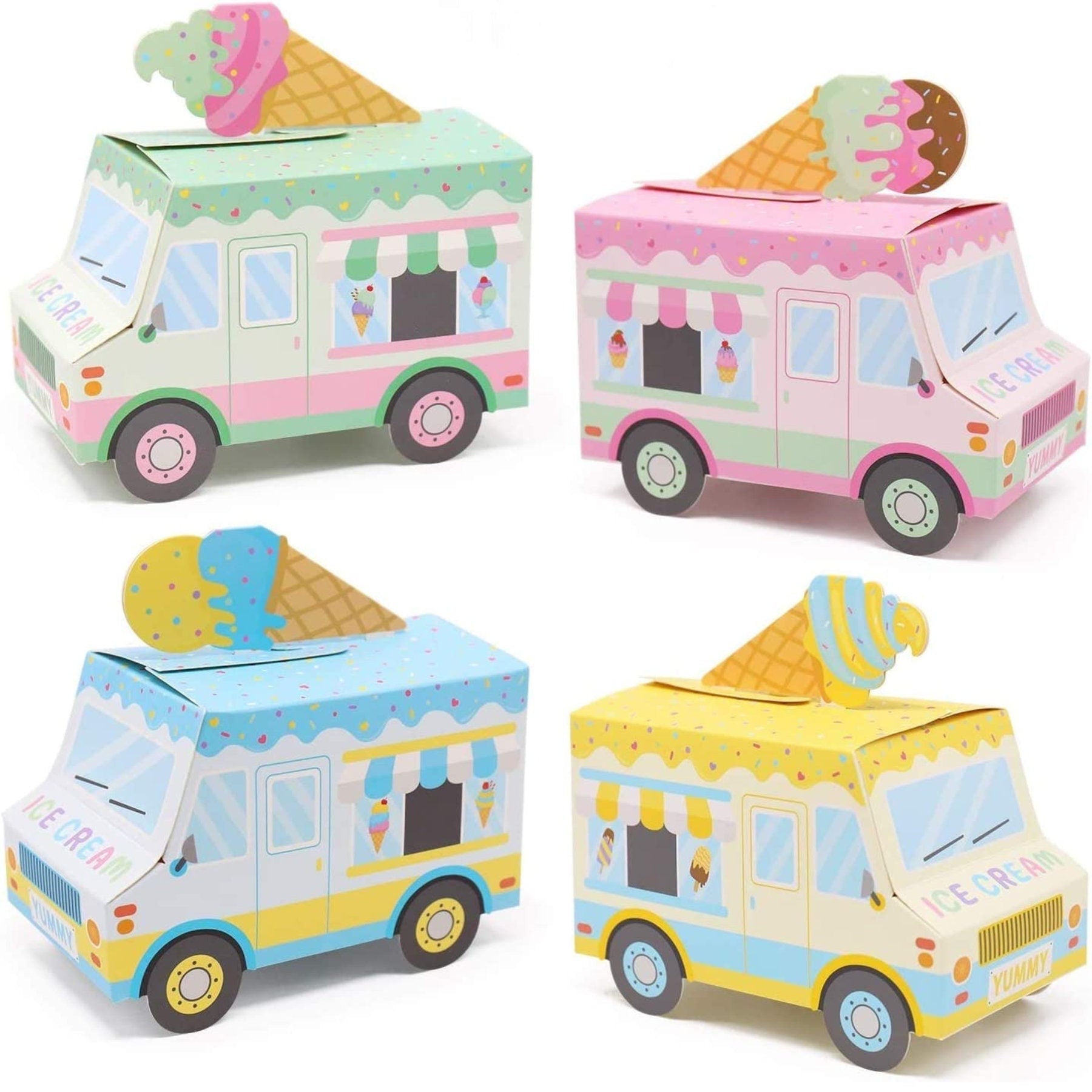 Close-up of pastel ice cream truck-shaped party favor boxes in blue, pink, yellow, and green colors.