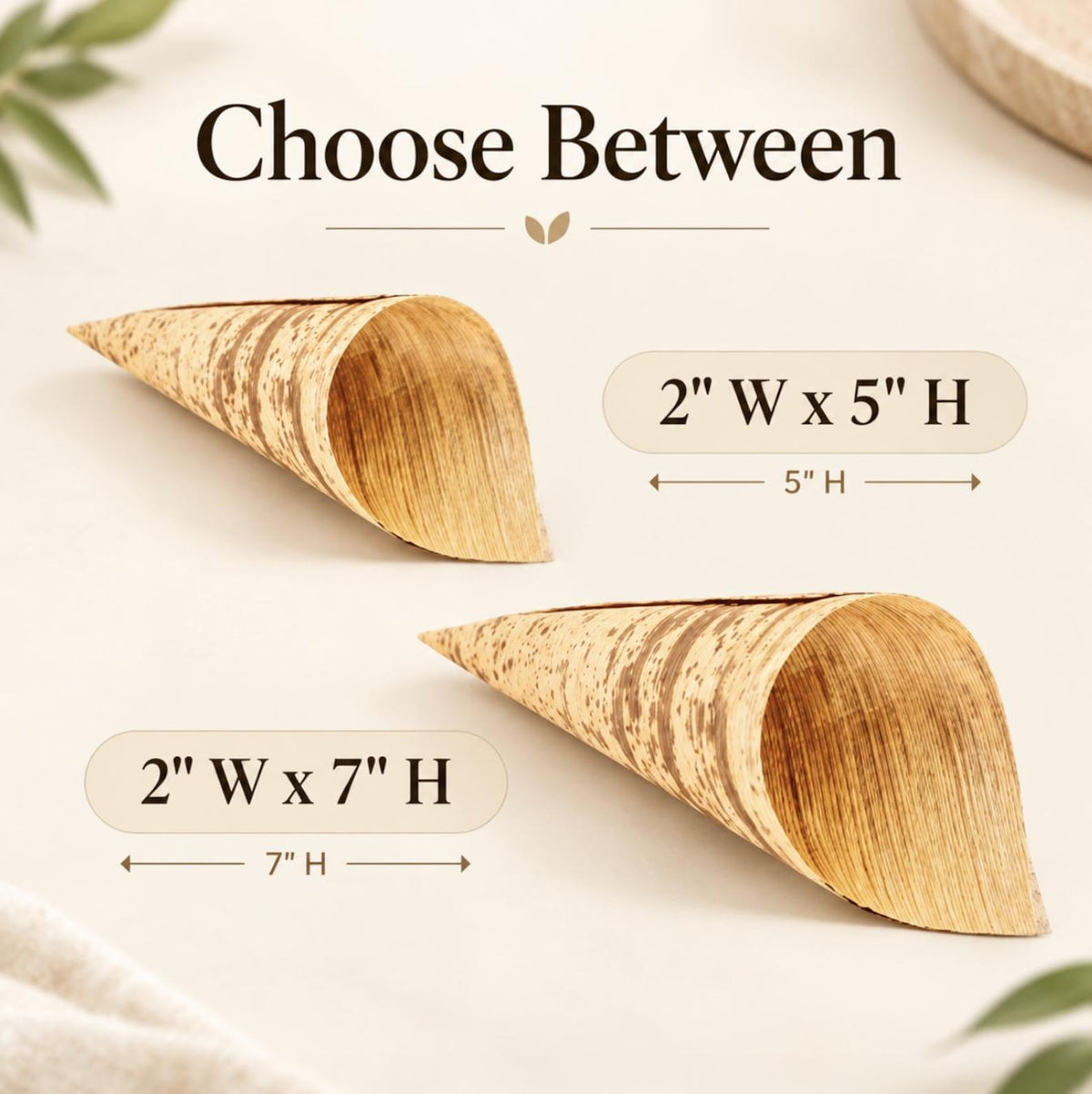 Two empty bamboo charcuterie cones shown side by side for size comparison, measuring 2 inches wide by 5 inches high and 2 inches wide by 7 inches high