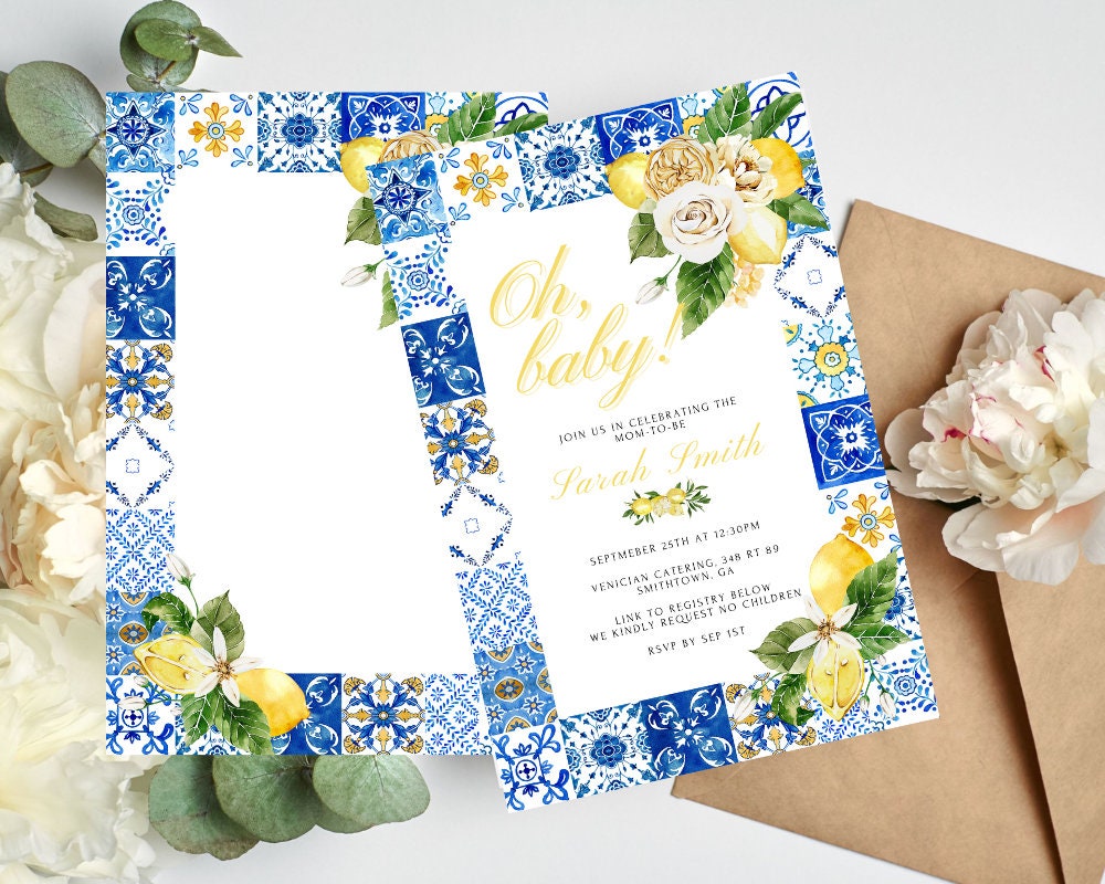 Italian themed baby shower invitation card set with envelope and florals