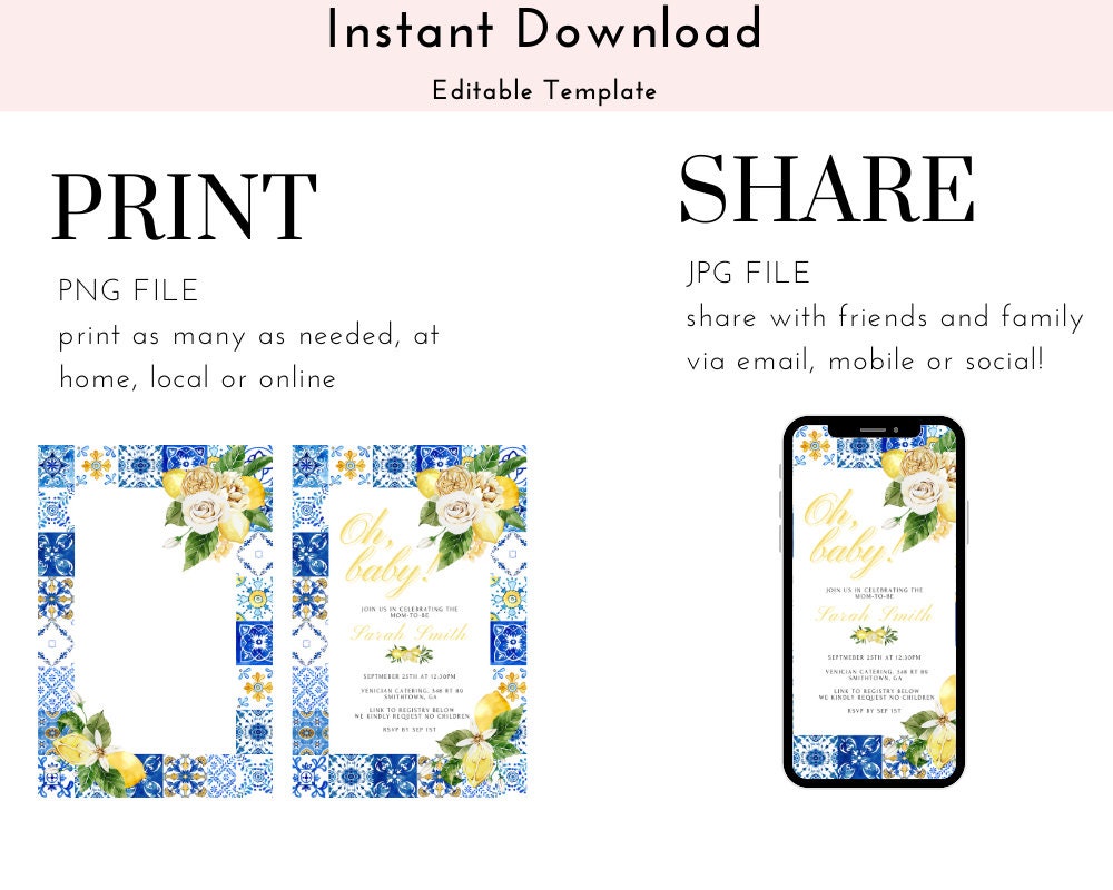 Matching set of Italian themed lemon invitations and printable party signs