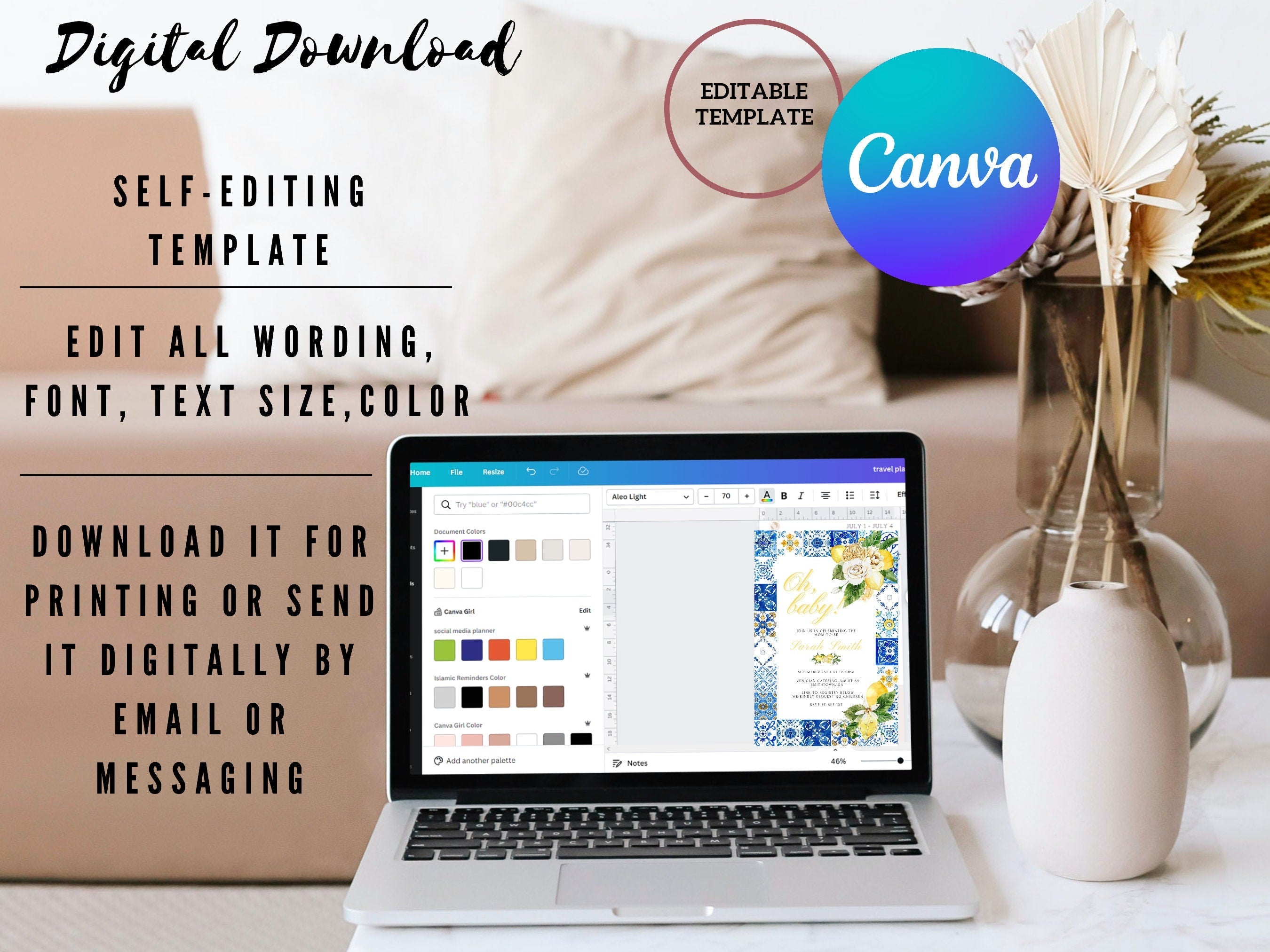 Canva editing screen for Italian themed baby shower invitation template