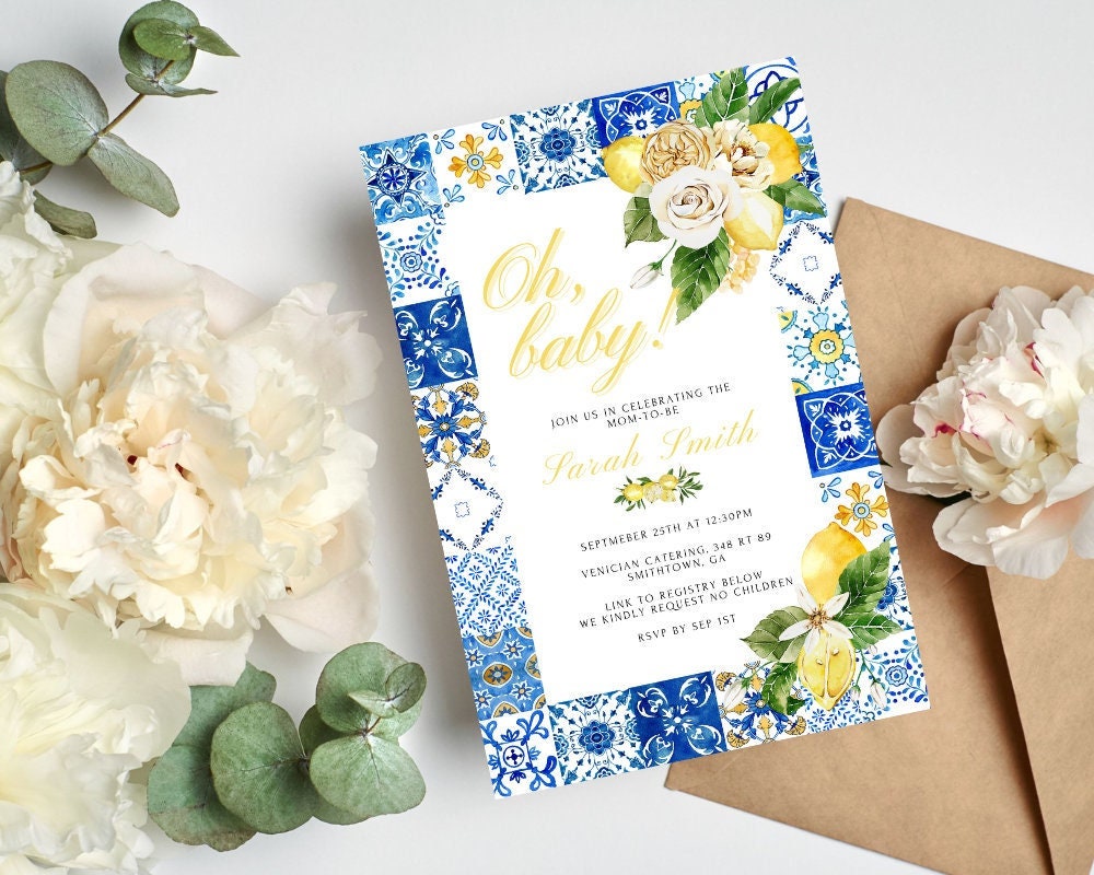 Italian lemon baby shower invitation with blue and yellow tile border and white florals