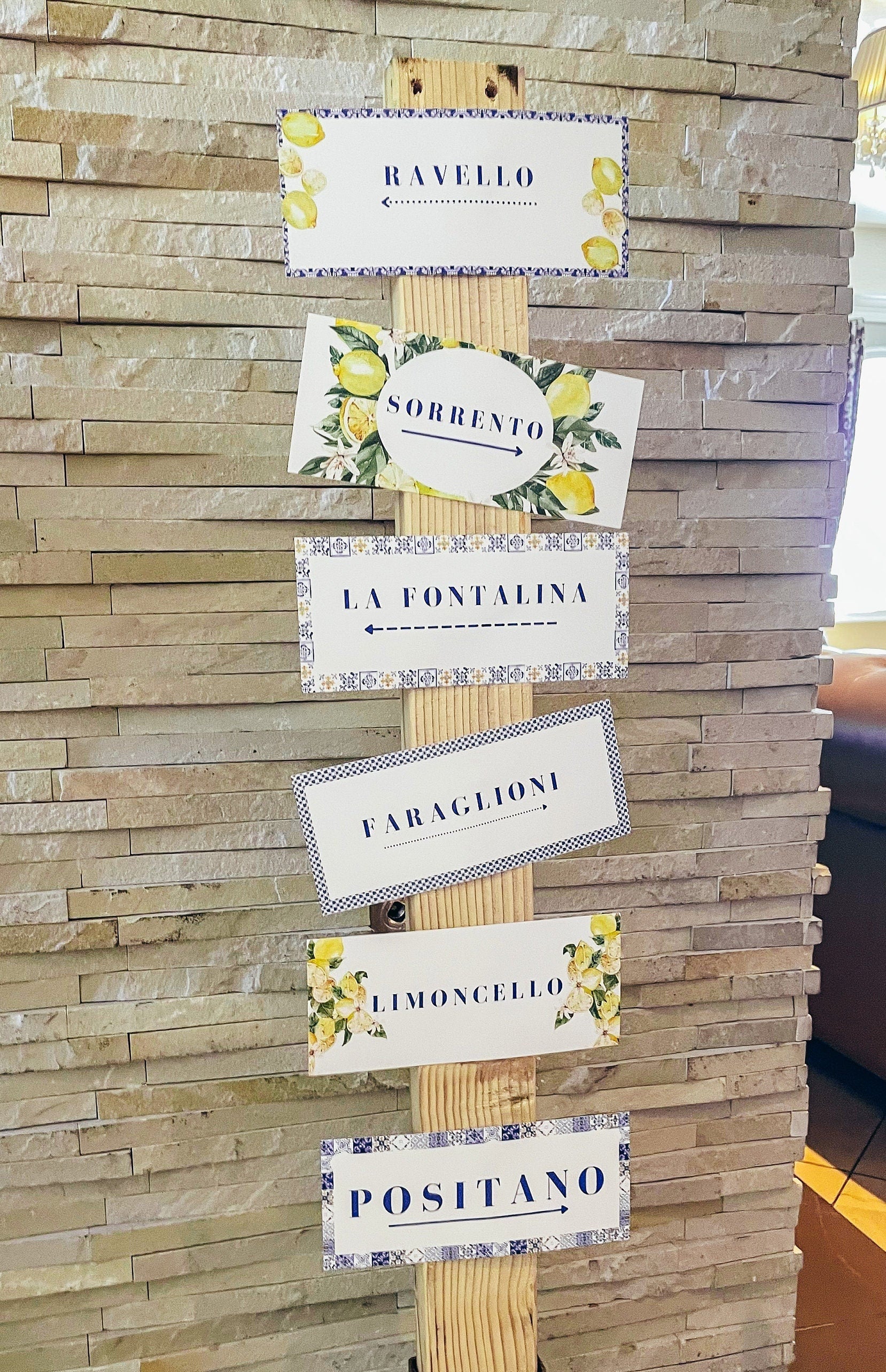 Italian themed directional signs with lemon design for party decor