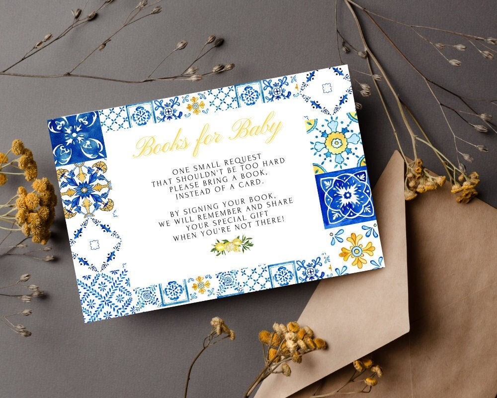 Lemon Italian themed favor sign with blue and yellow tile border on rustic table setting