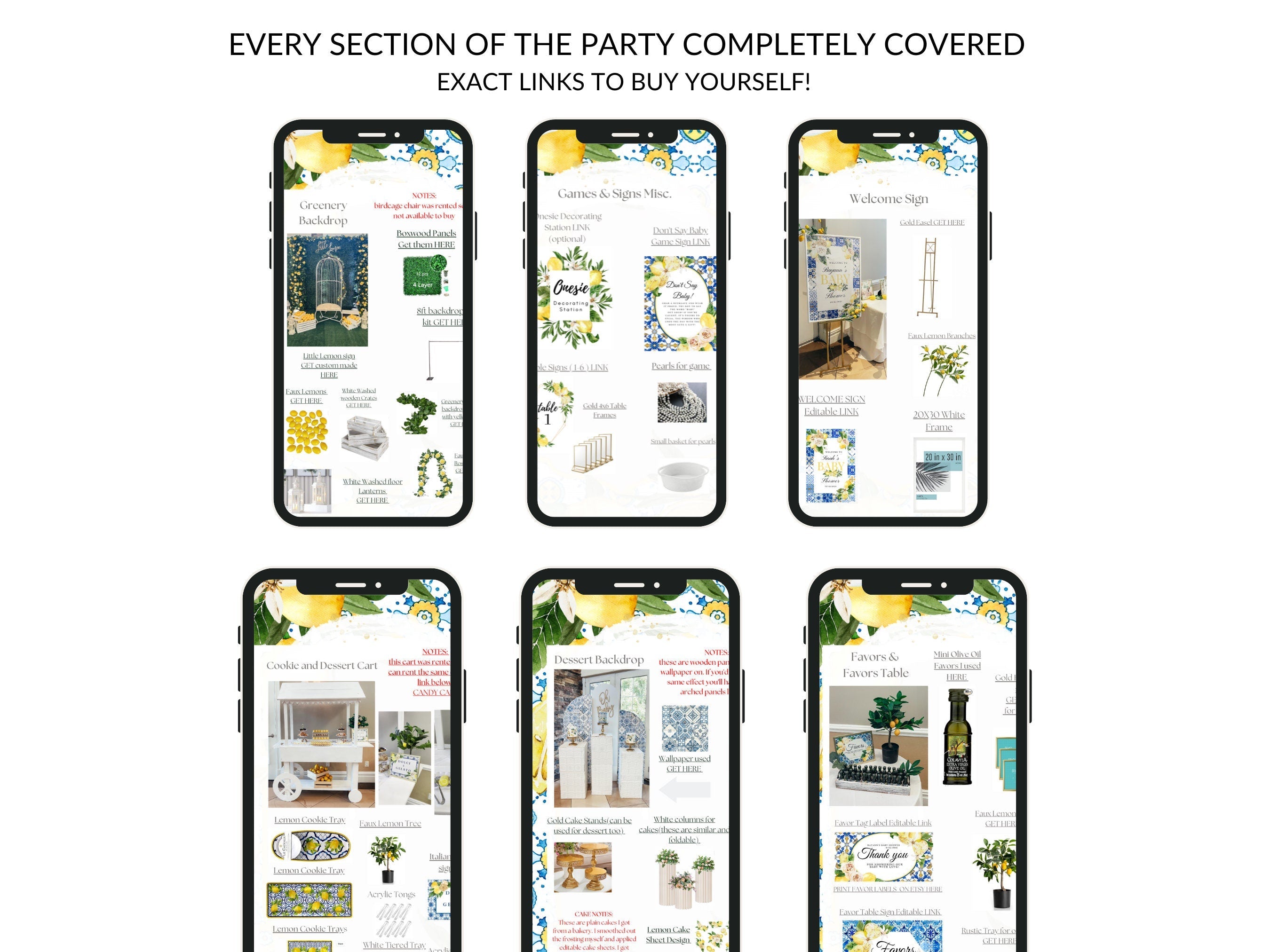 Mobile preview of different Italian themed baby shower sections included in guide