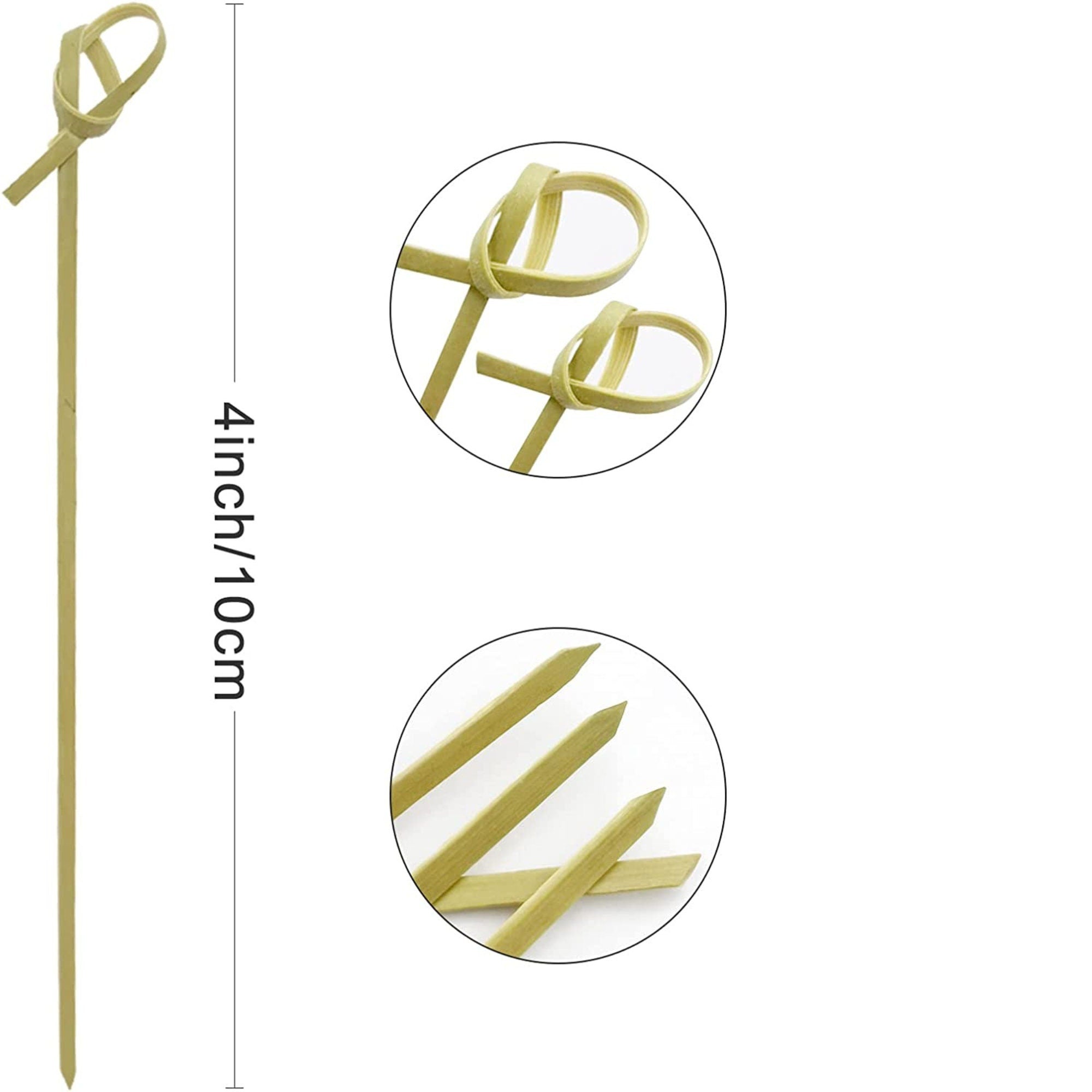 Close-up measurement of knotted bamboo charcuterie toothpicks showing 4 inch length