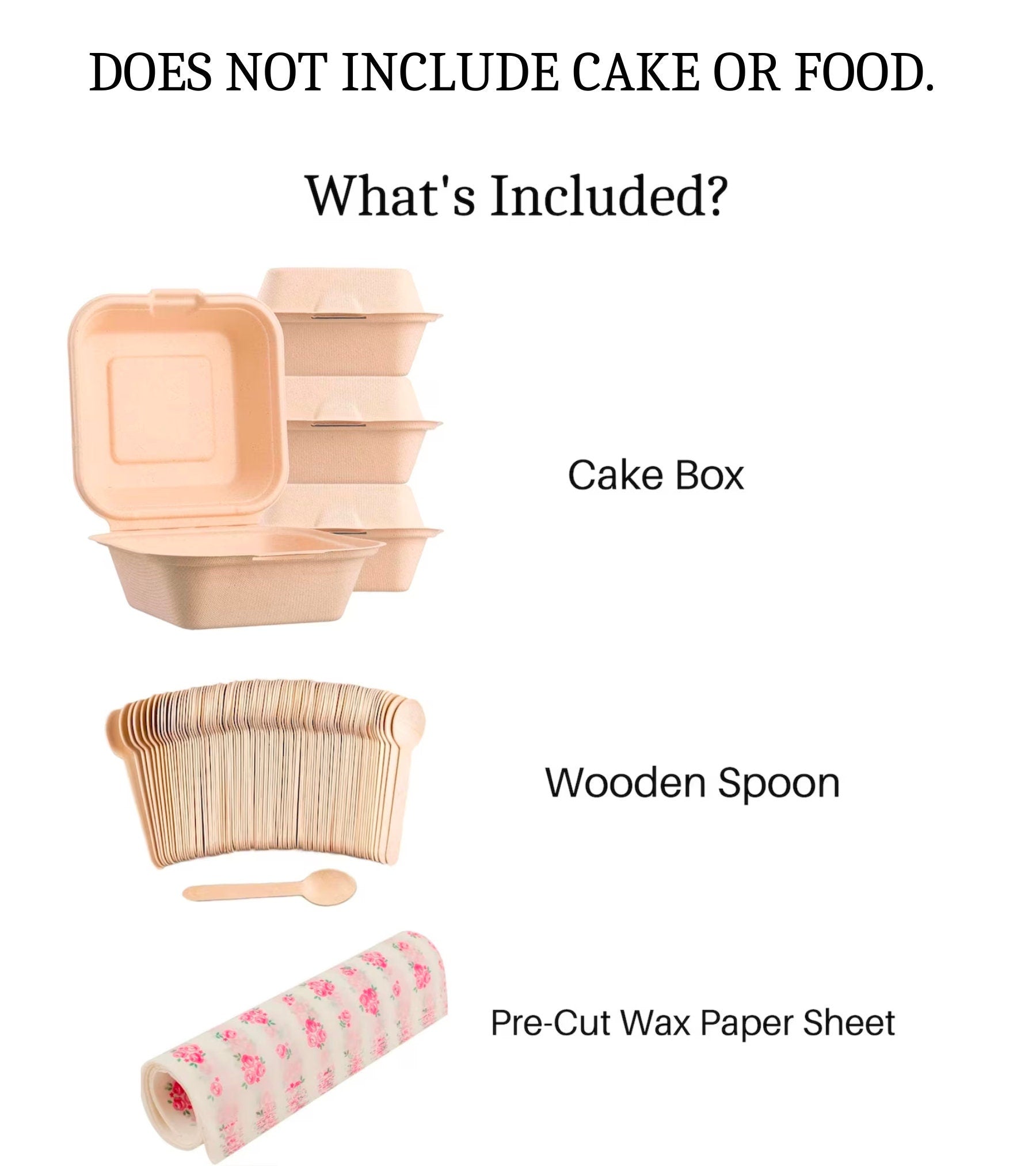 Kraft cake box, disposable wooden spoon, and wax paper sheet shown in a flat lay.