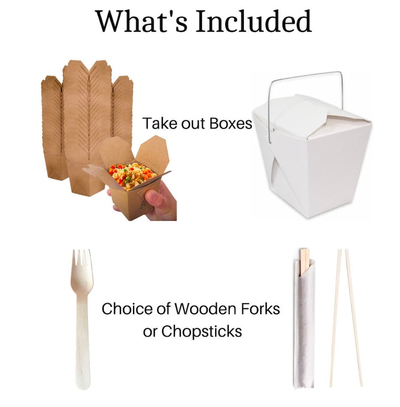 Kraft Chinese food boxes with disposable wooden chopsticks for party favors.
