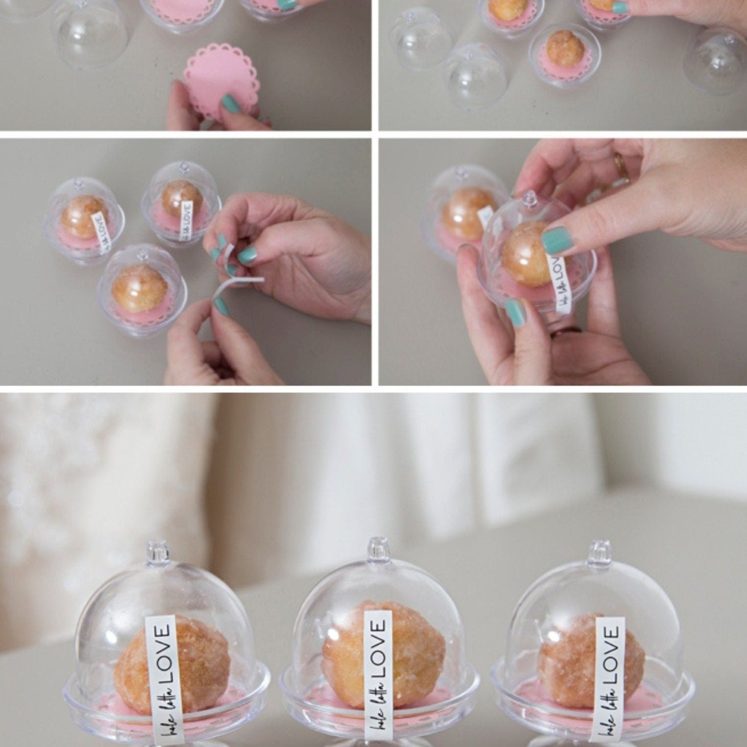Hand applying label to clear mini cake dome filled with candy