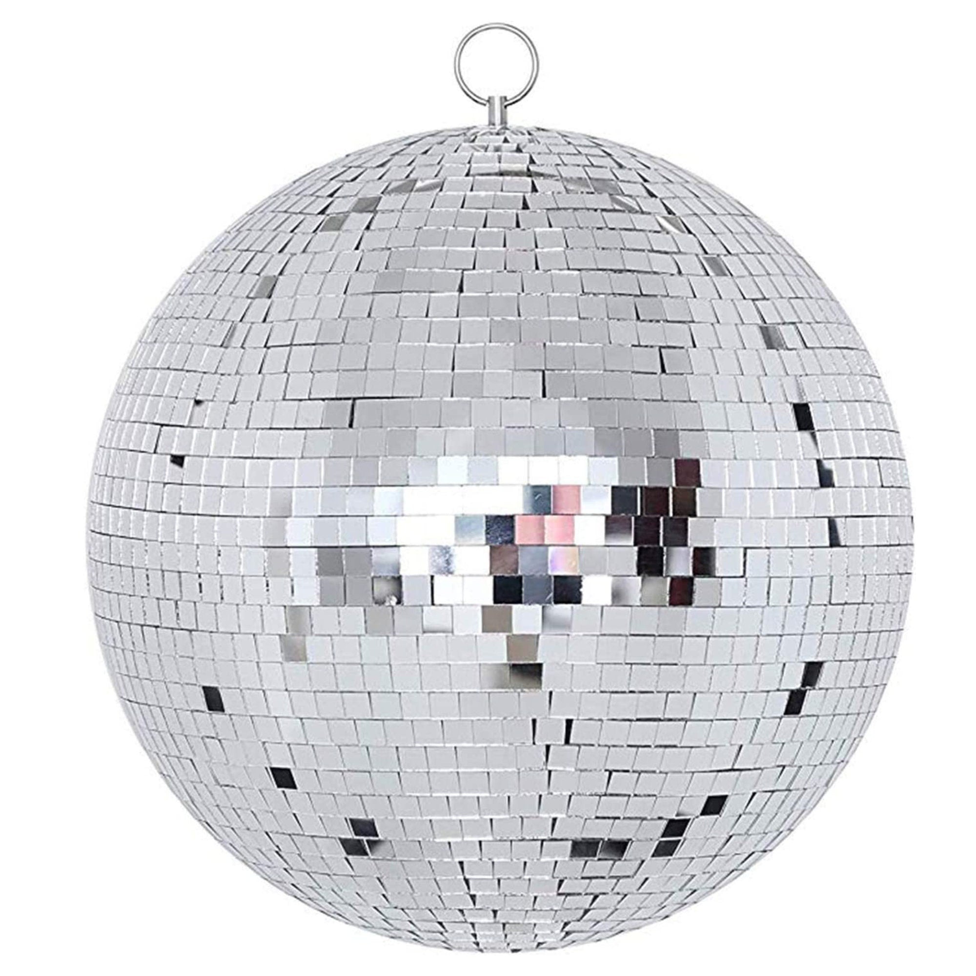 Large silver mirror disco ball with reflective tiles for event décor