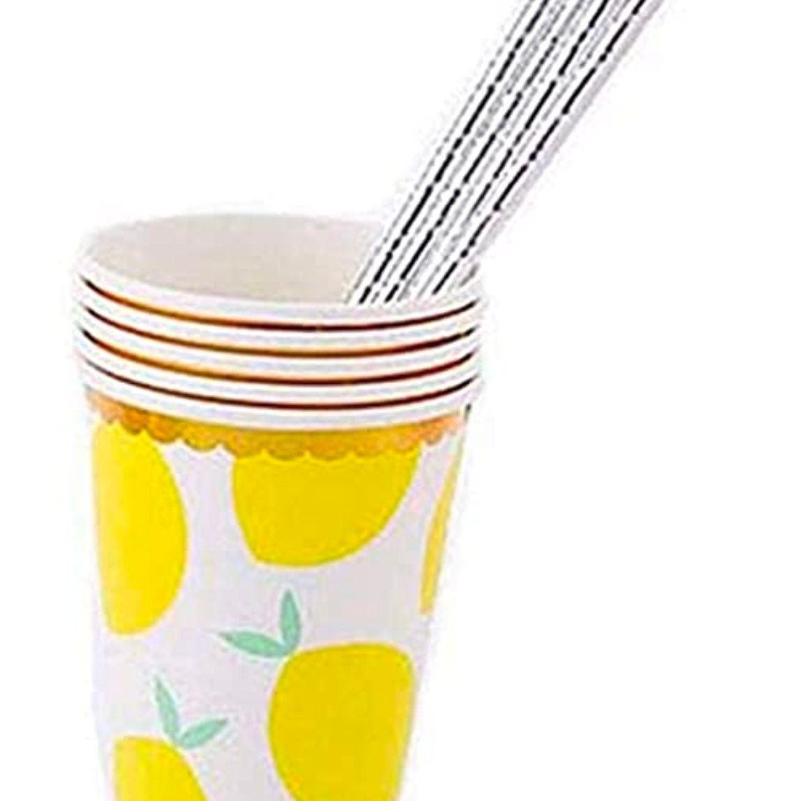 Lemon paper cups with silver straws for summer party drinks