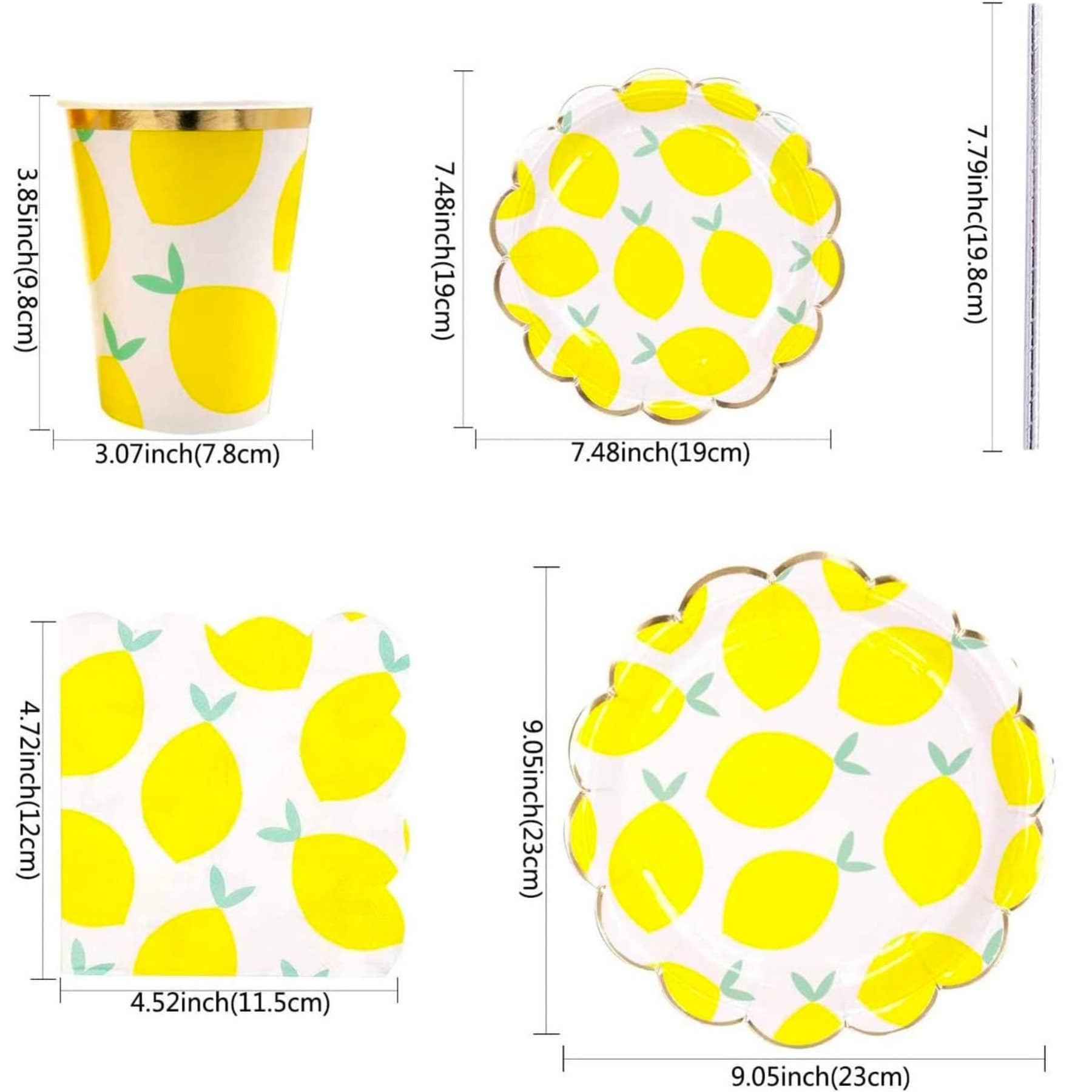 Complete lemon party tableware set with plates, cups, napkins, and cutlery