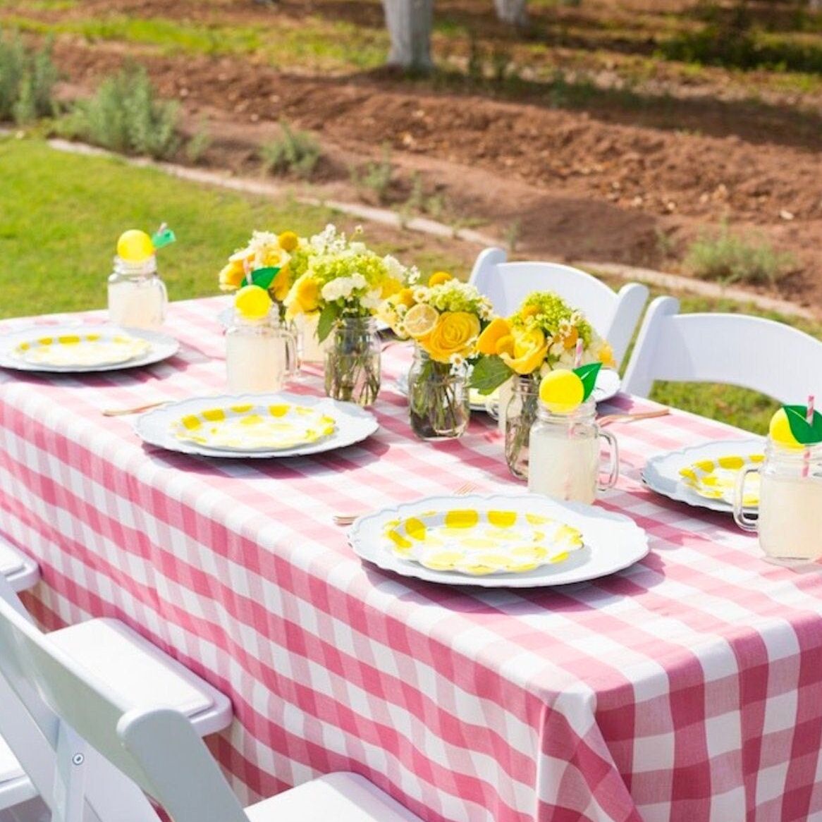 Long outdoor dining table decorated with lemon plates, napkins, and cups