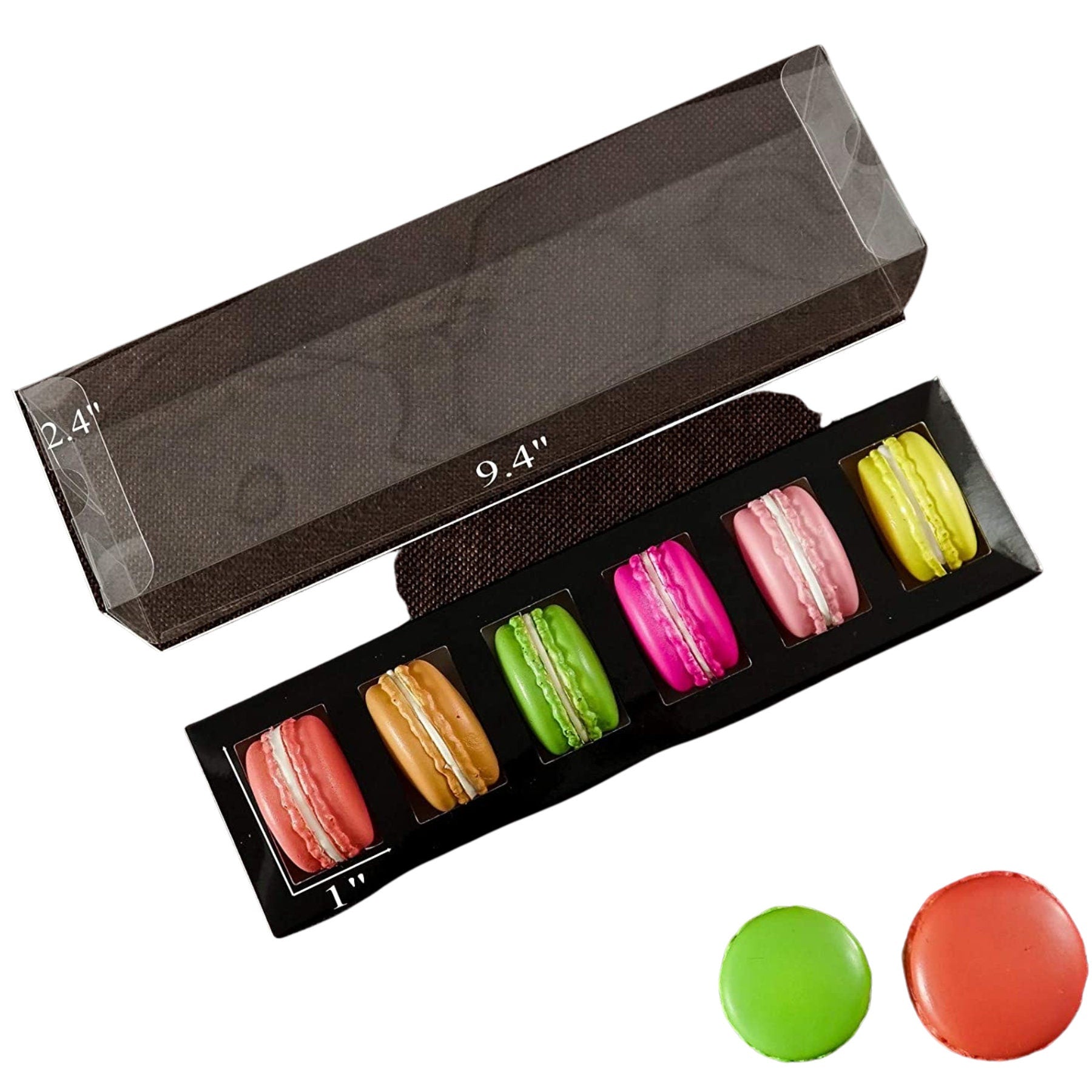 Black 6-slot macaroon box with clear lid and colorful macarons