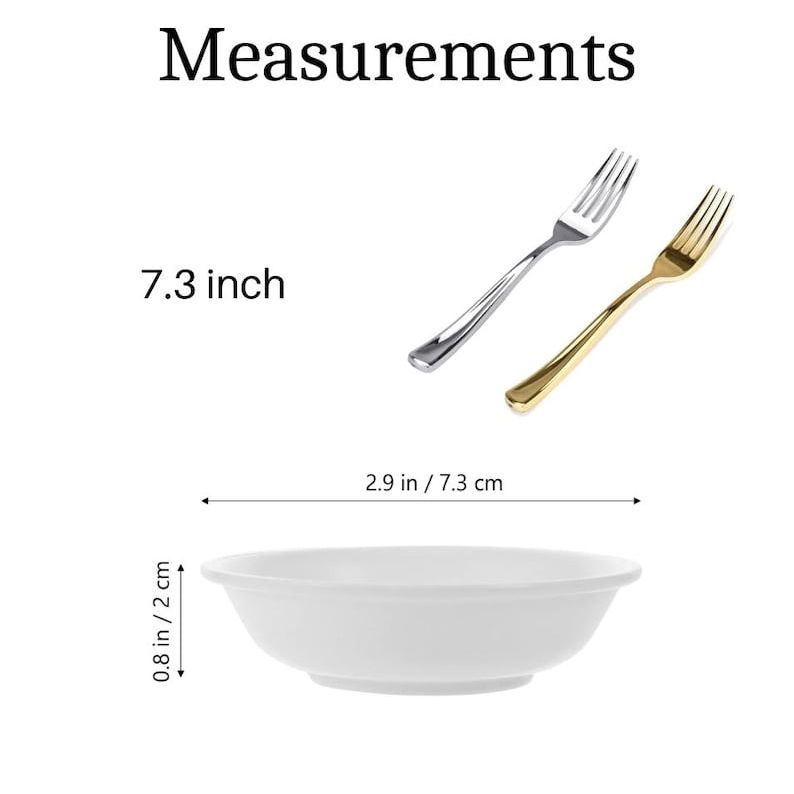 Measurements of mini plastic bowls (2.9 inches wide x 1.2 inches deep) and mini forks (7.3 inches long) displayed visually for clear size reference.