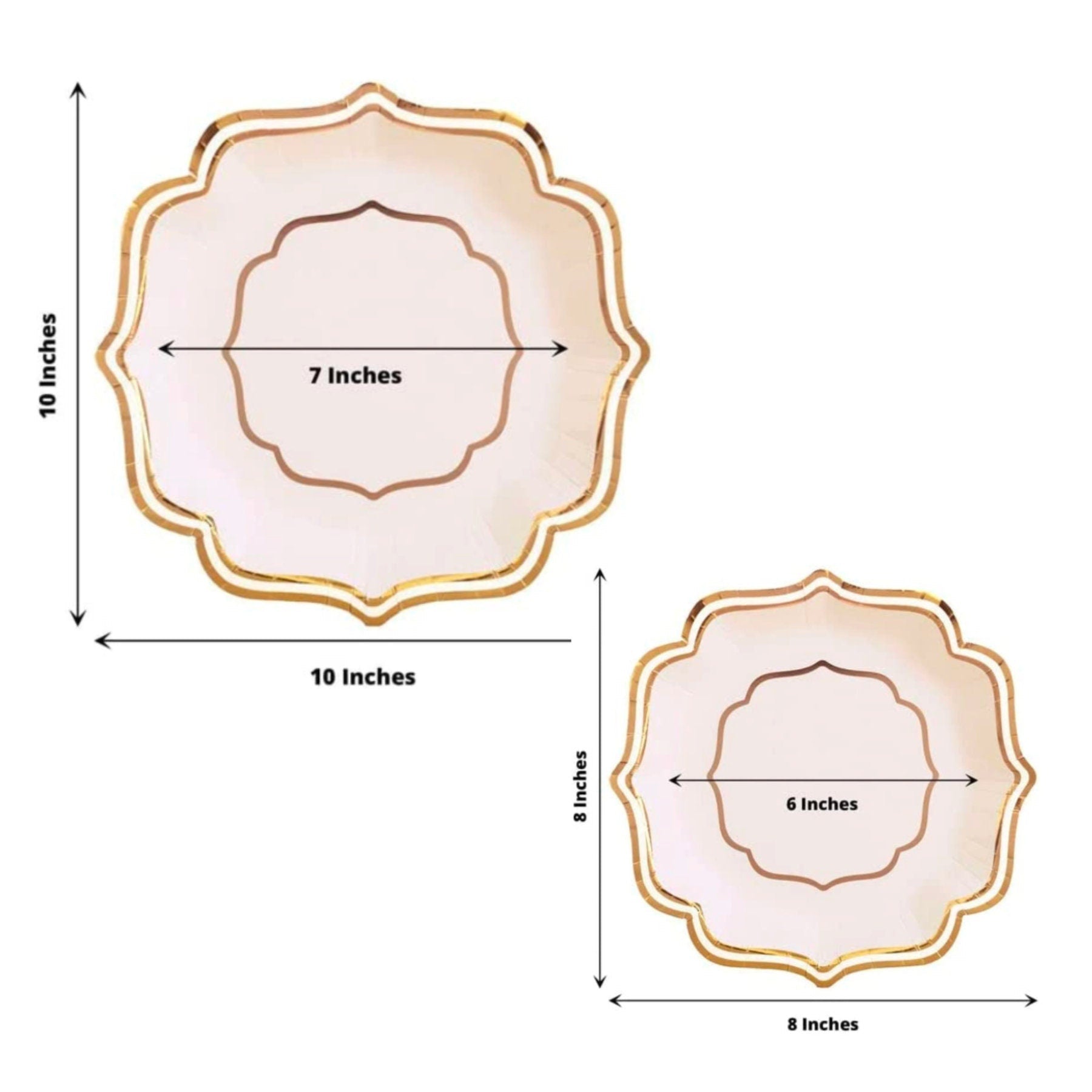 Measurements of gold and silver scallop rim party plates arranged for catering event