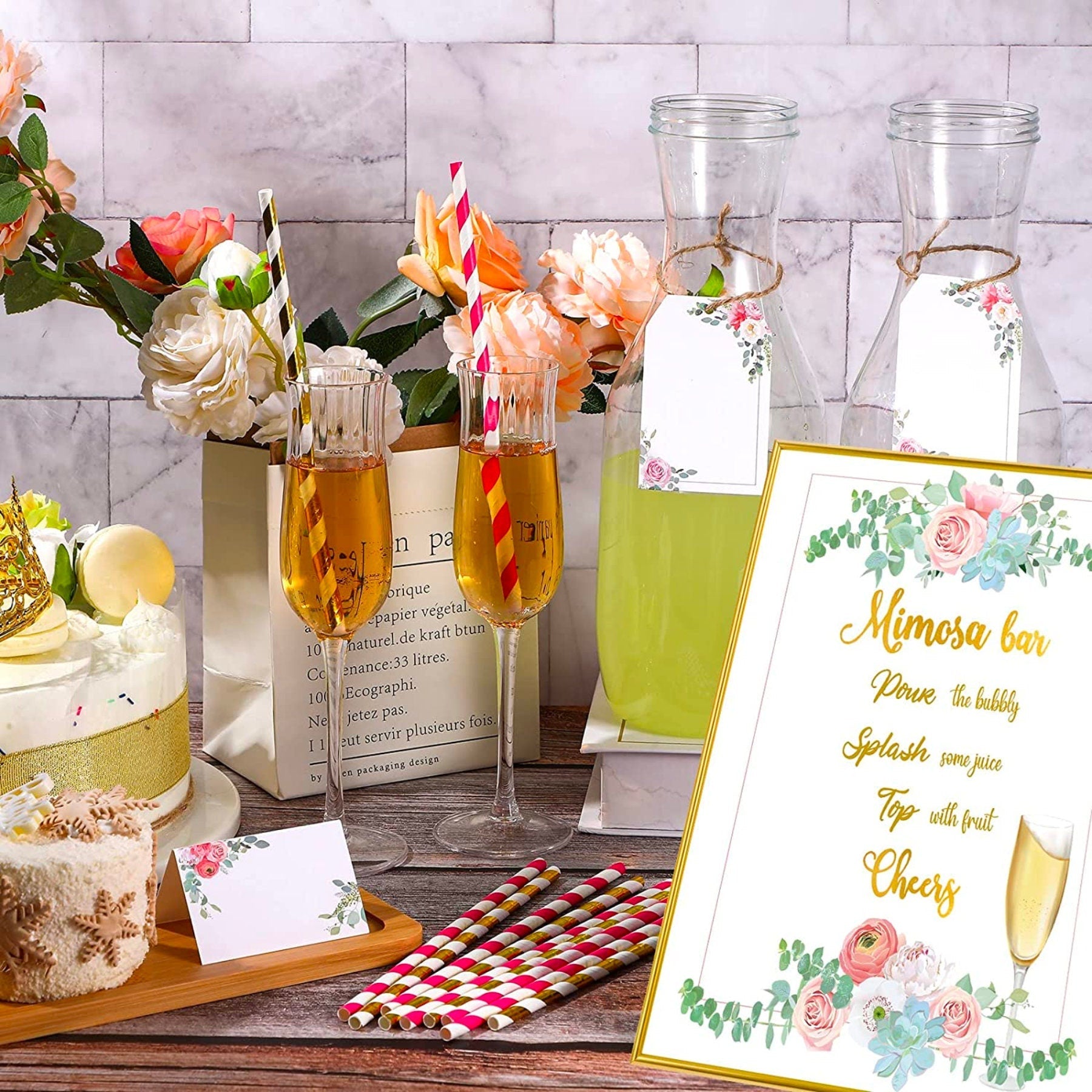 Mimosa bar setup with banner, juice sign, straws, and decorative cards for brunch party