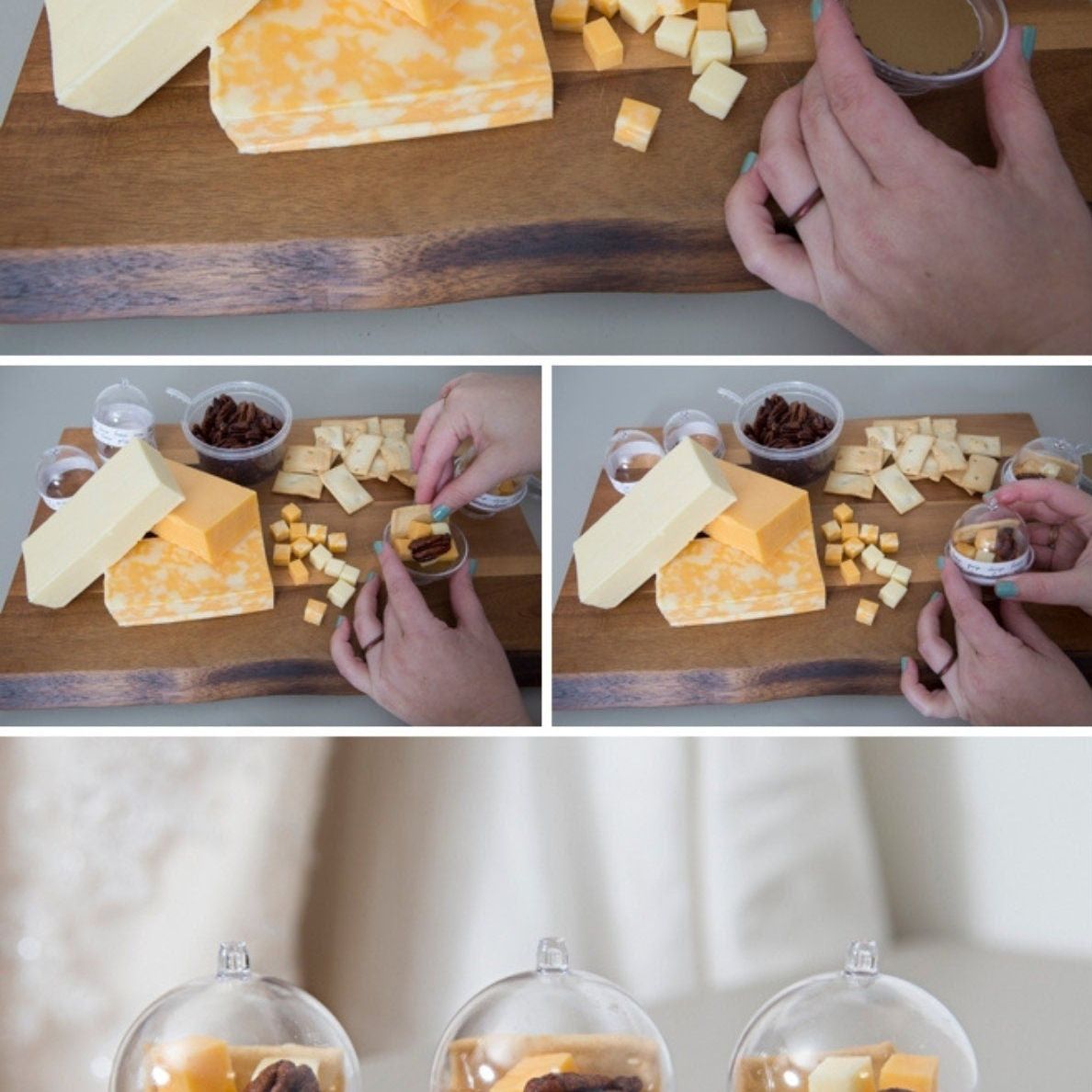 Step-by-step setup of clear mini cake stand favor domes with desserts