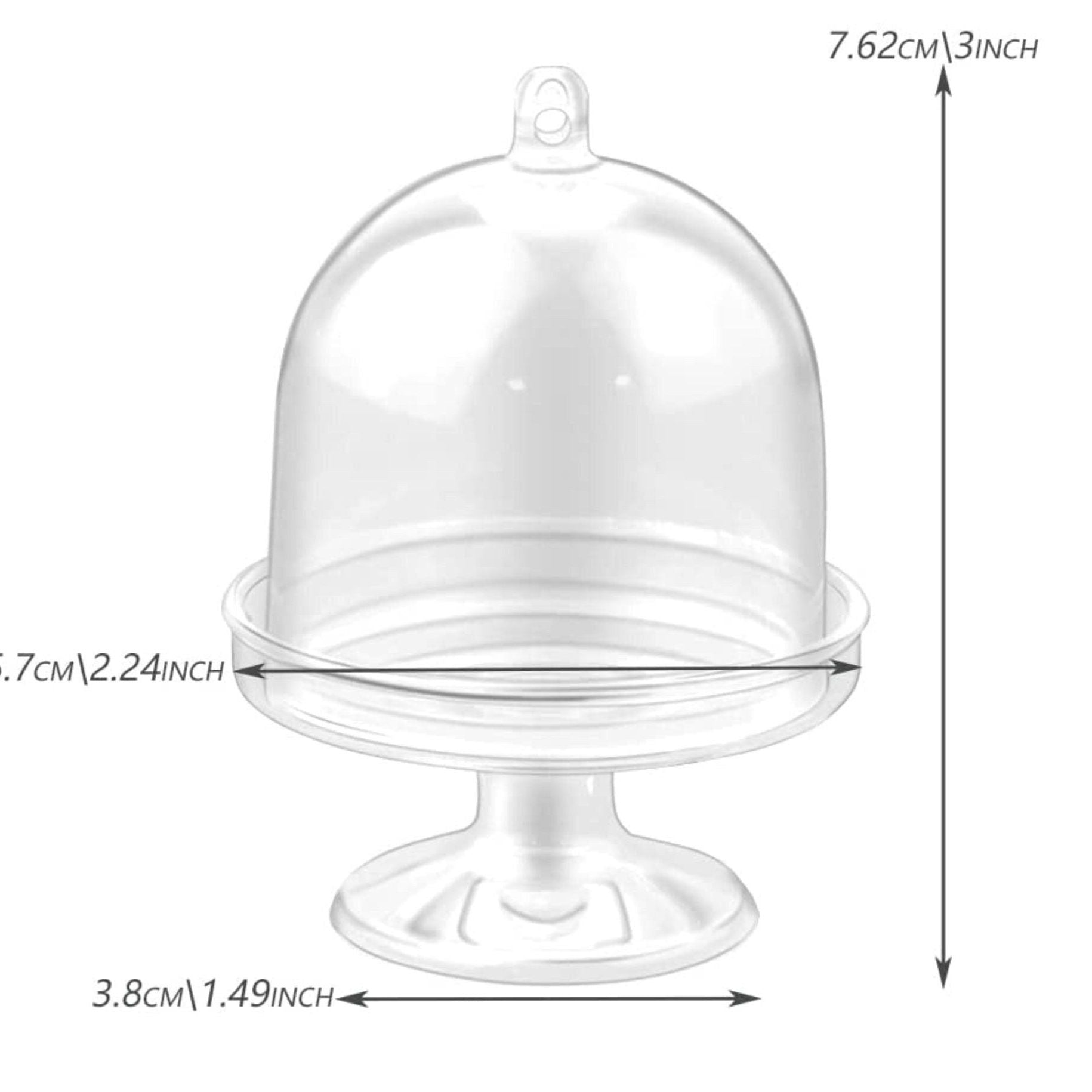 Size chart of mini cake stand favor dome measuring 3 inches tall