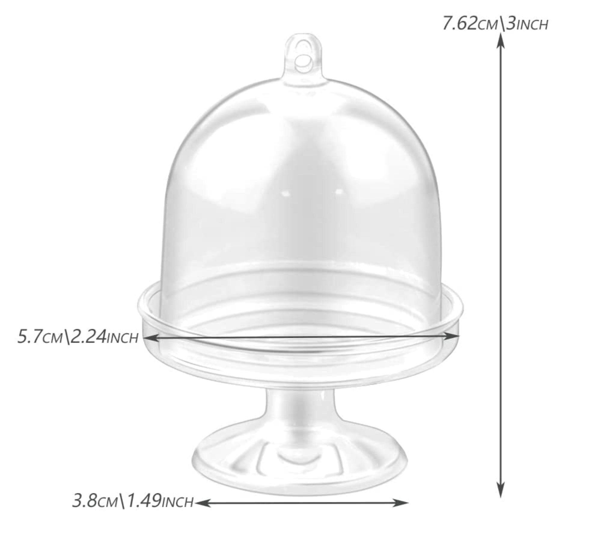 Size chart of mini cake stand favor dome measuring 3 inches tall