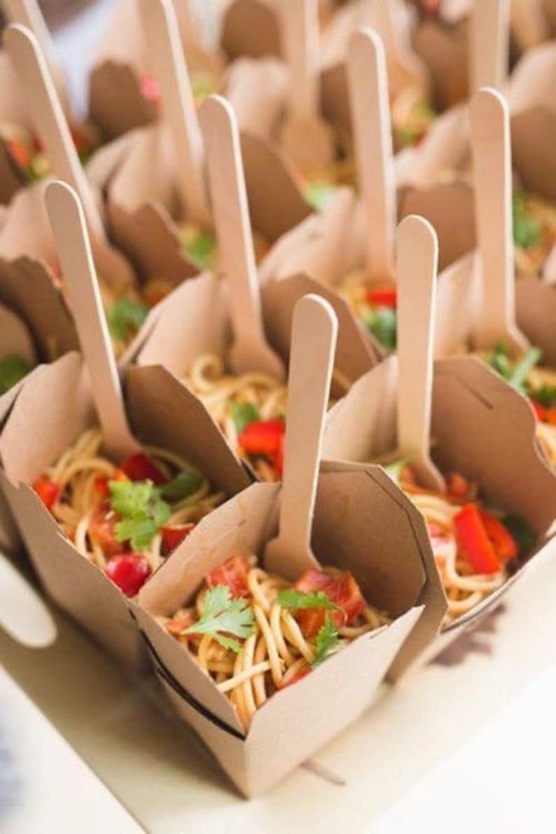 Mini Chinese takeaway containers with chopsticks wooden set for buffet stations.