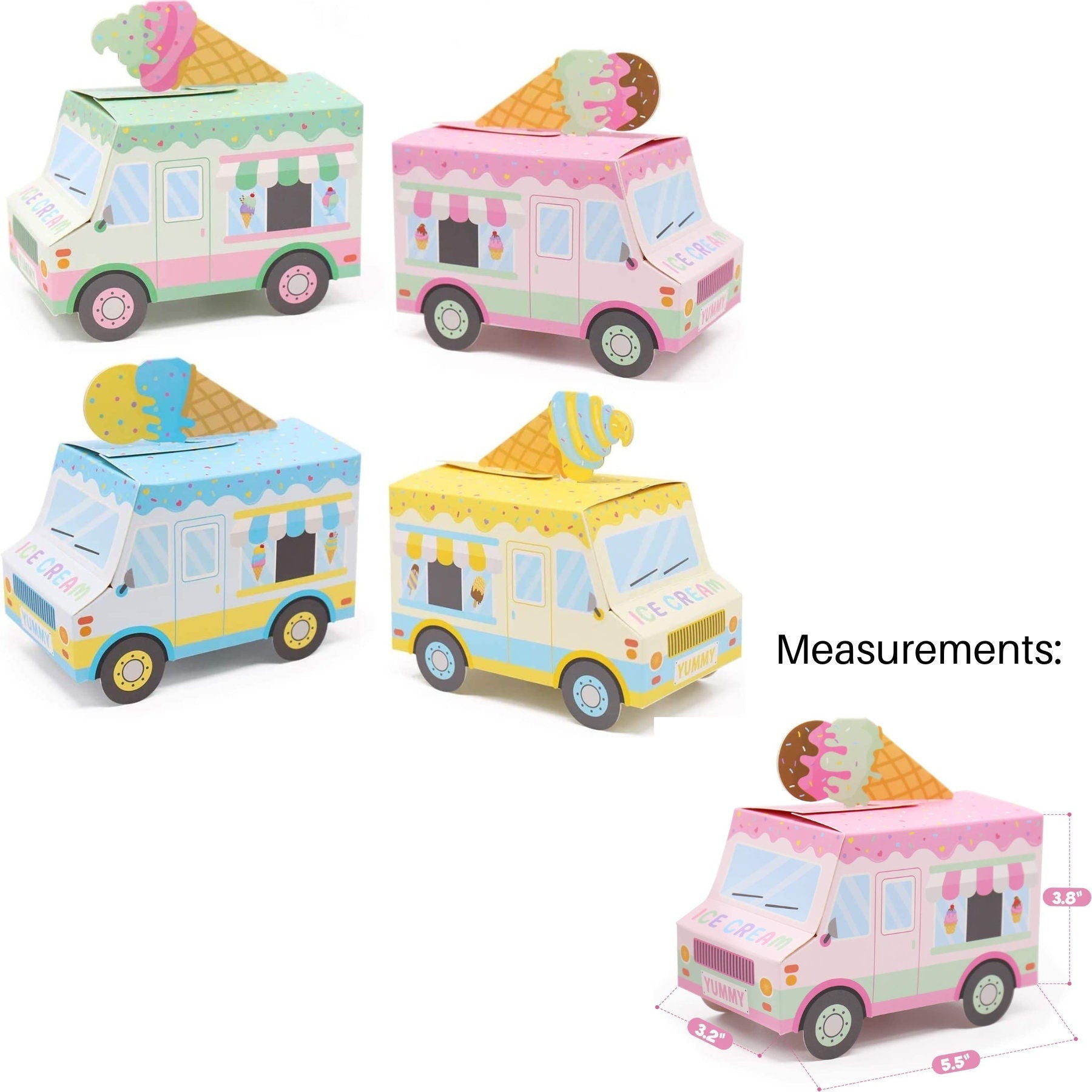 Group of ice cream truck-shaped favor boxes ready to be filled with candy, toys, or snacks.