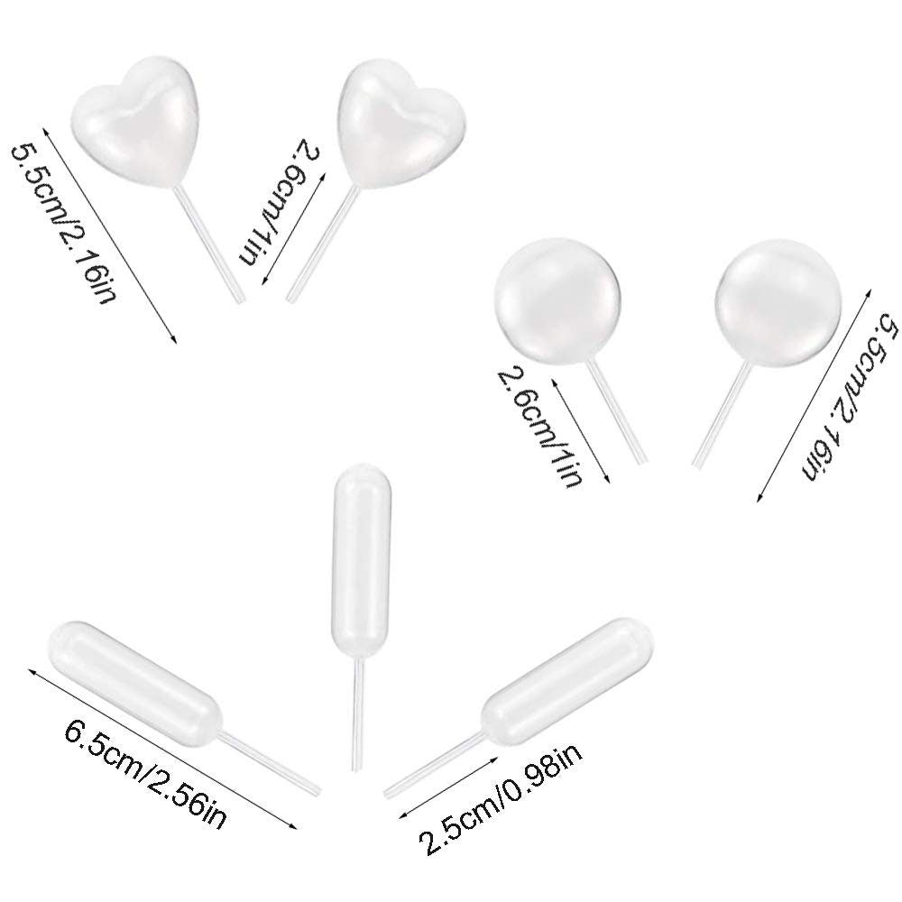 Size diagram with dimensions for round, rectangle, and heart mini pipettes