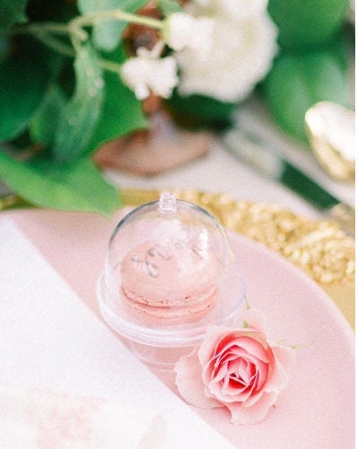 Pink macaron in a clear dome on a pink napkin with a blurred floral background