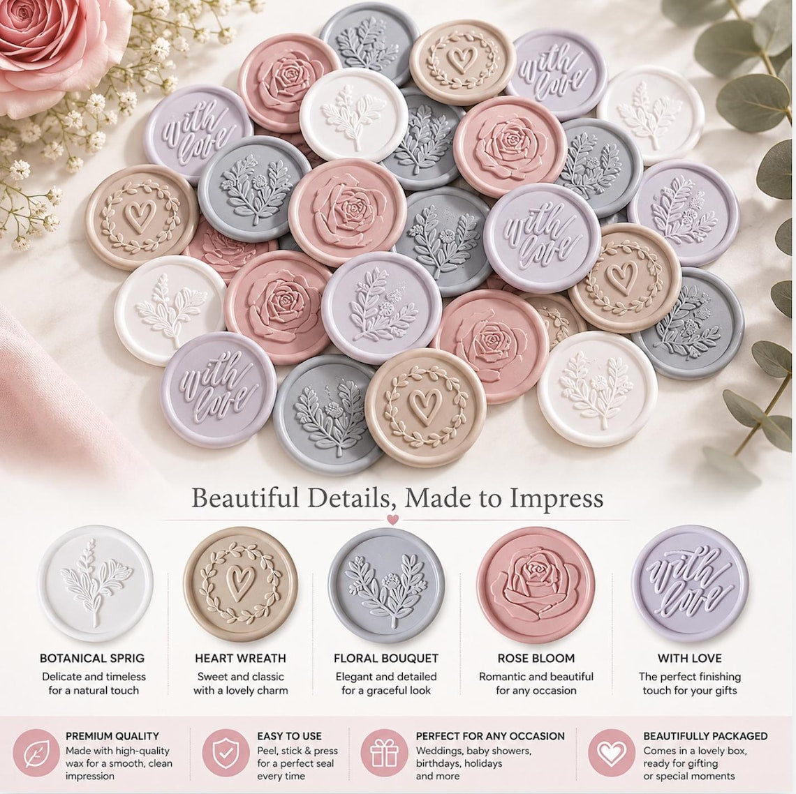 Pastel Wax Seal Stickers – 1" Peel and Stick Adhesive Seals for Invitations, Envelopes, Escort Cards & Gifts - Set of 50