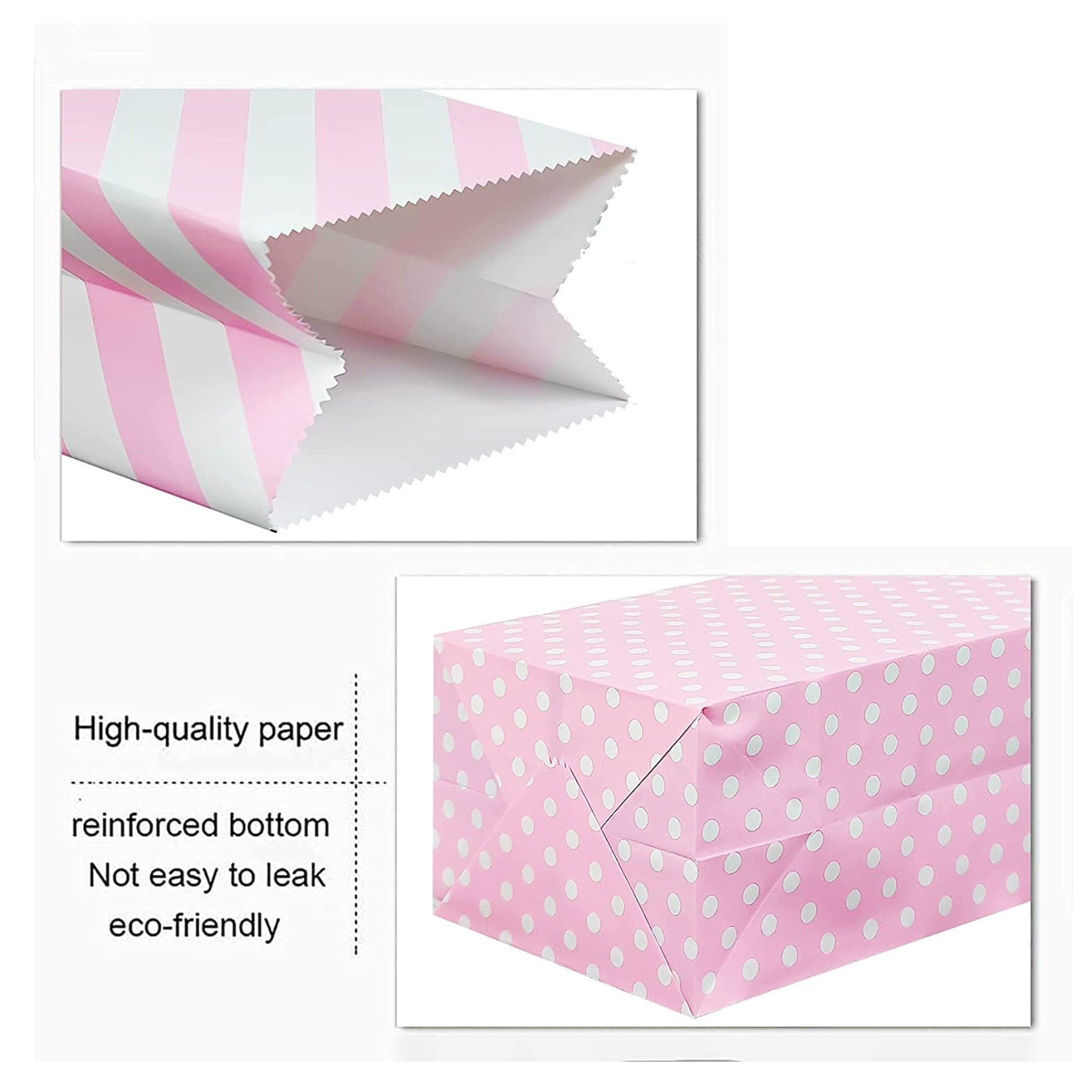 Close-up of reinforced bottom of pink striped and polka dot paper bags