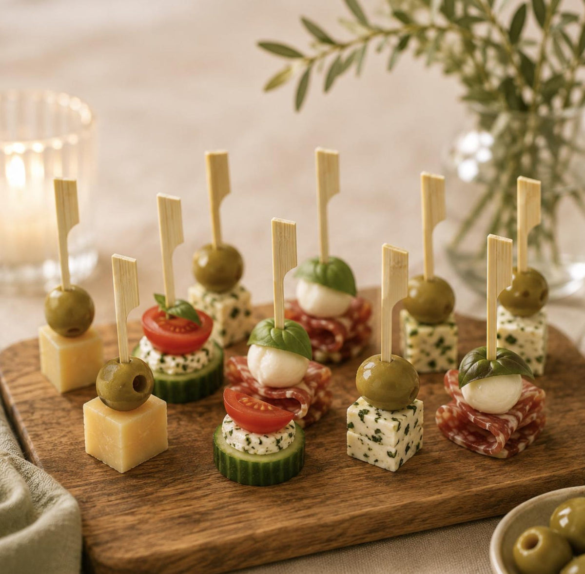 Decorative party toothpicks for serving appetizers, hors d'oeuvres, cheese, fruit, and charcuterie board snacks.