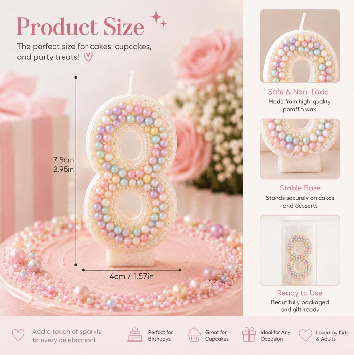 Pastel Birthday Number Candle – Sparkle Cake Topper for Girls’ Birthday Parties & Celebrations - Pretty Party Boxx