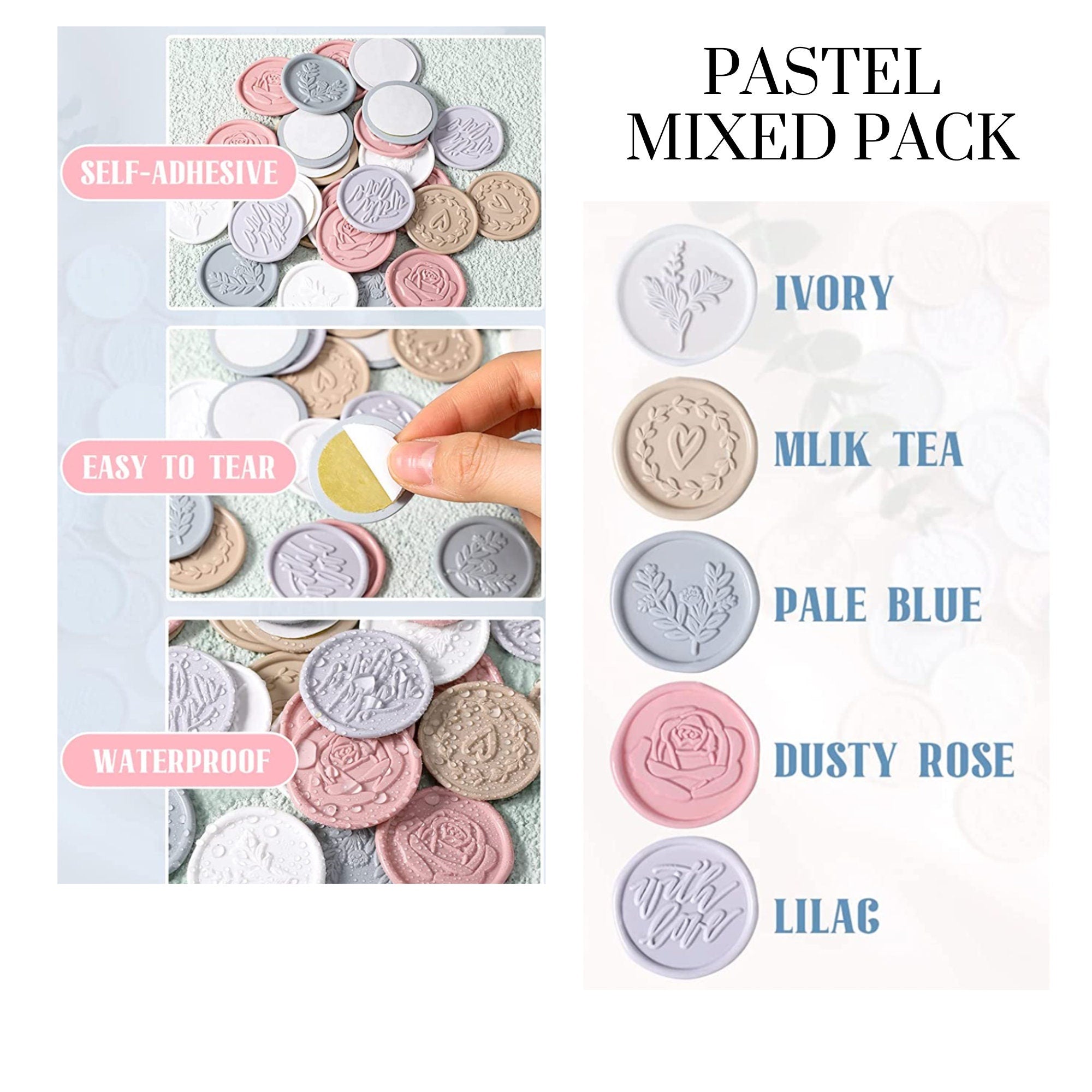 Pastel wax seal sticker color chart labeled ivory, milk tea, pale blue, dusty rose and lilac.