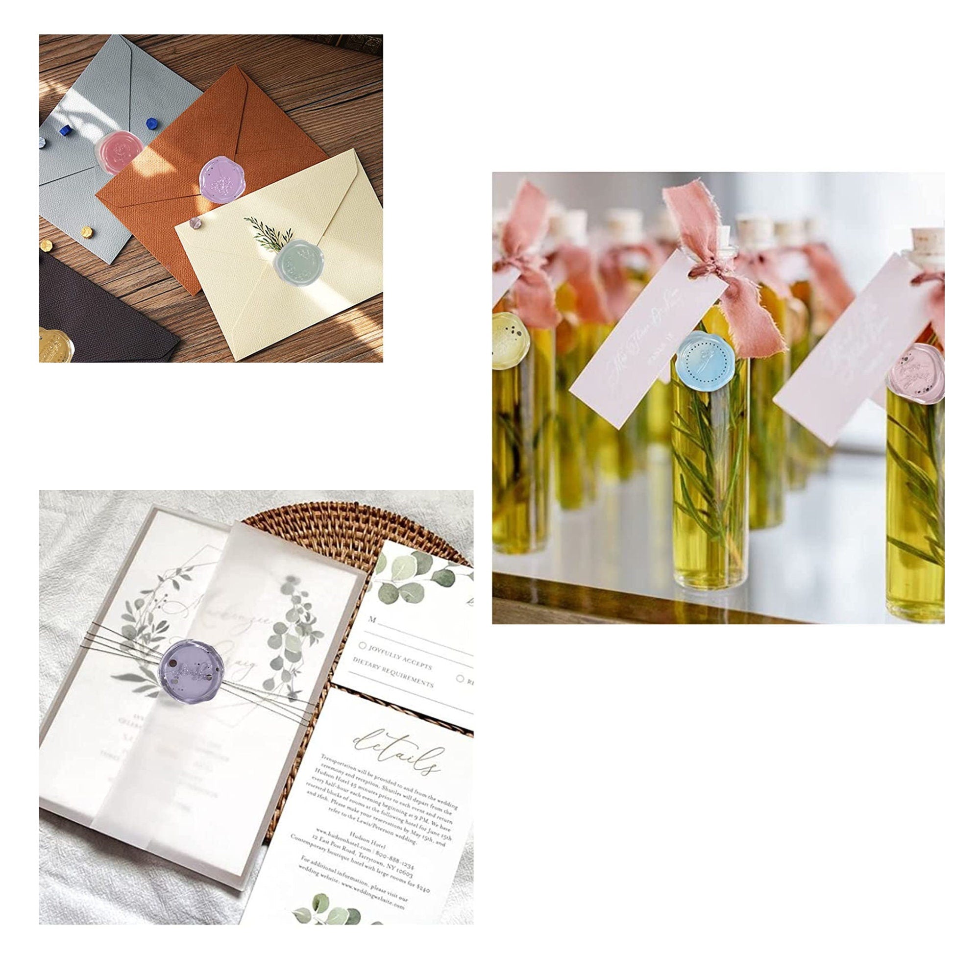 Collage of wax seal stickers applied to envelopes, menus, and bottle favors demonstrating easy peel-and-stick application.